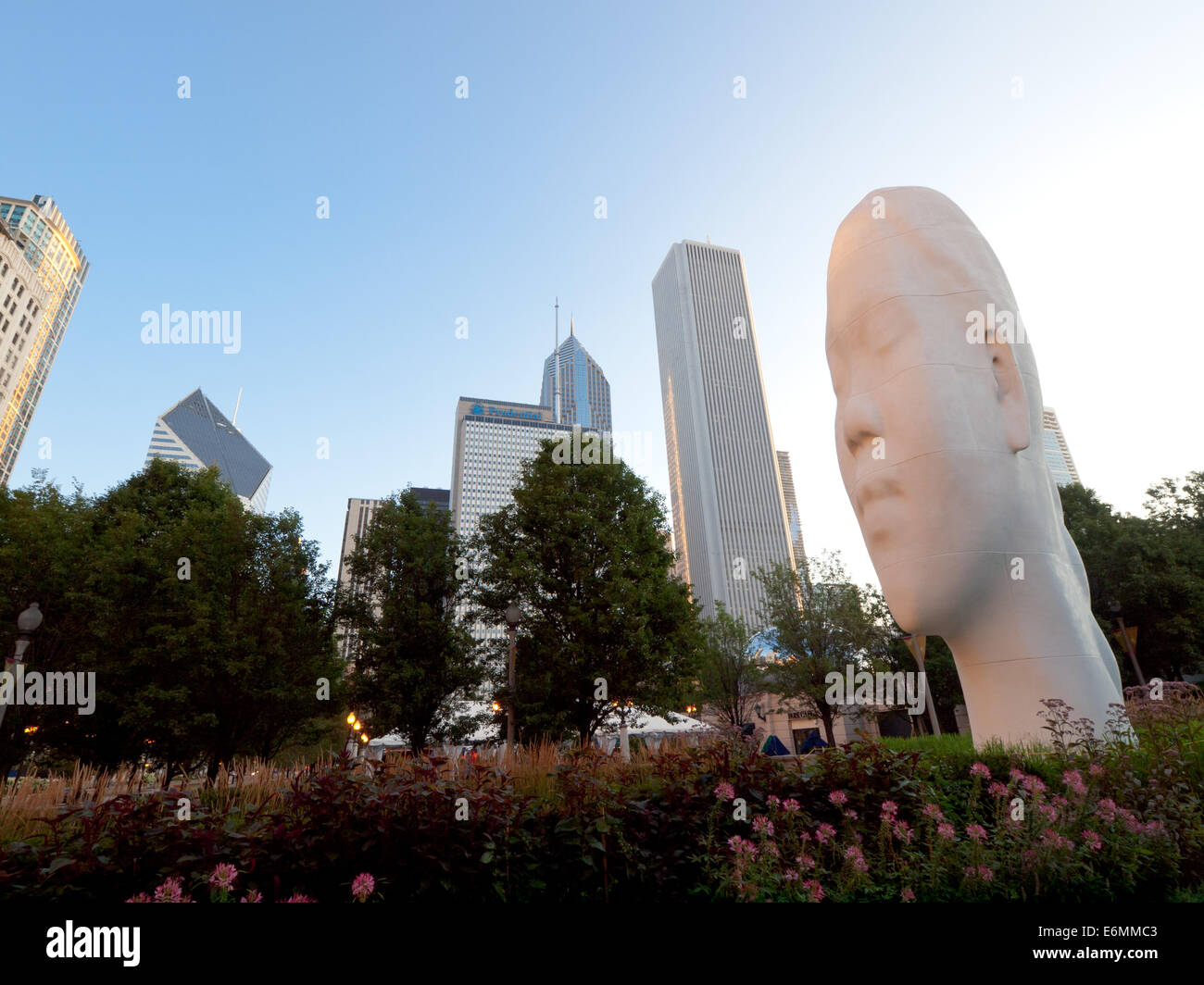 'Looking Into My Dreams, Awilda', a sculpture from the 1004 Portraits installation by Jaume Plensa in Millennium Park, Chicago. Stock Photo