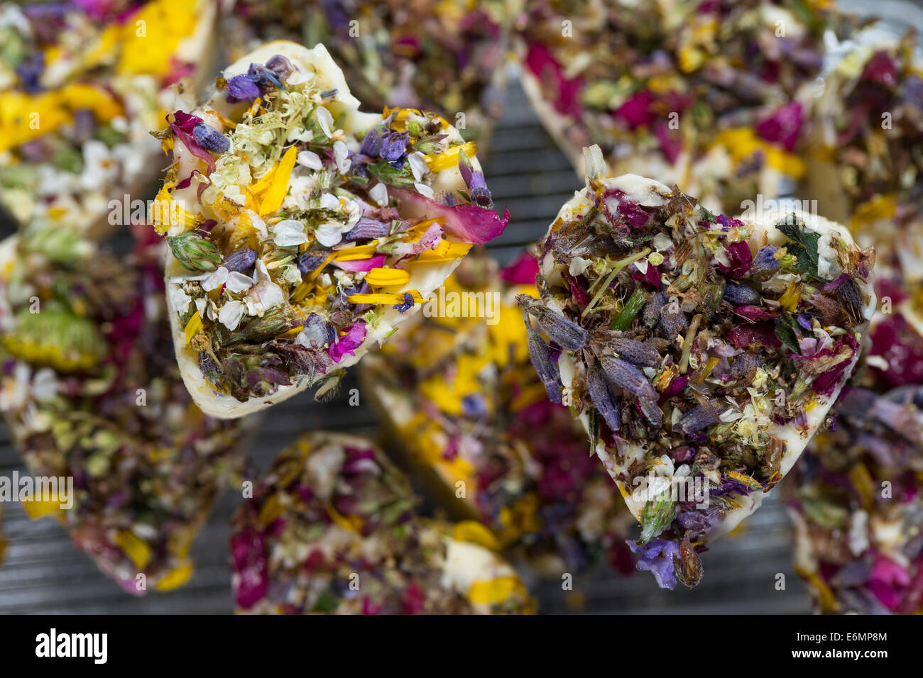 Herb butter with edible blossoms, flowers, Kräuterbutter mit essbaren Blüten, Butter, Food, Kräuterküche, Blütenblätter-Butter Stock Photo