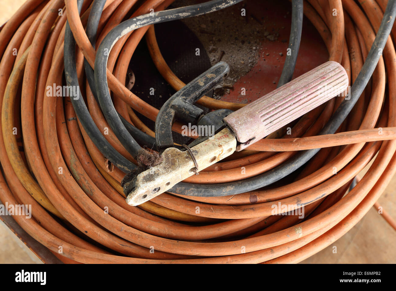 Welding electrode holder with attached electrode wire Stock Photo