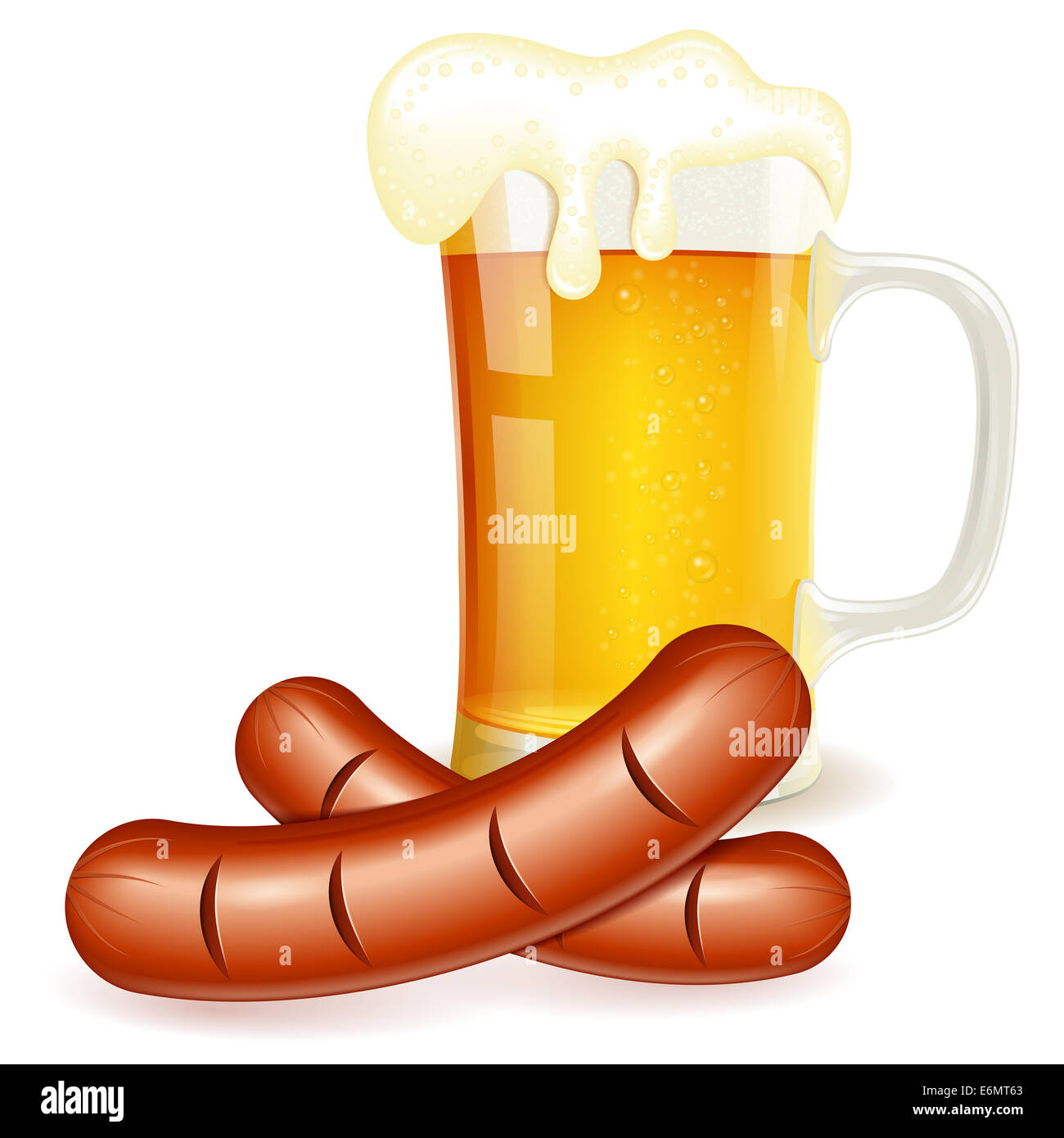 Oktoberfest Concept with Glass of Beer and Sausages, isolated on white background Stock Photo