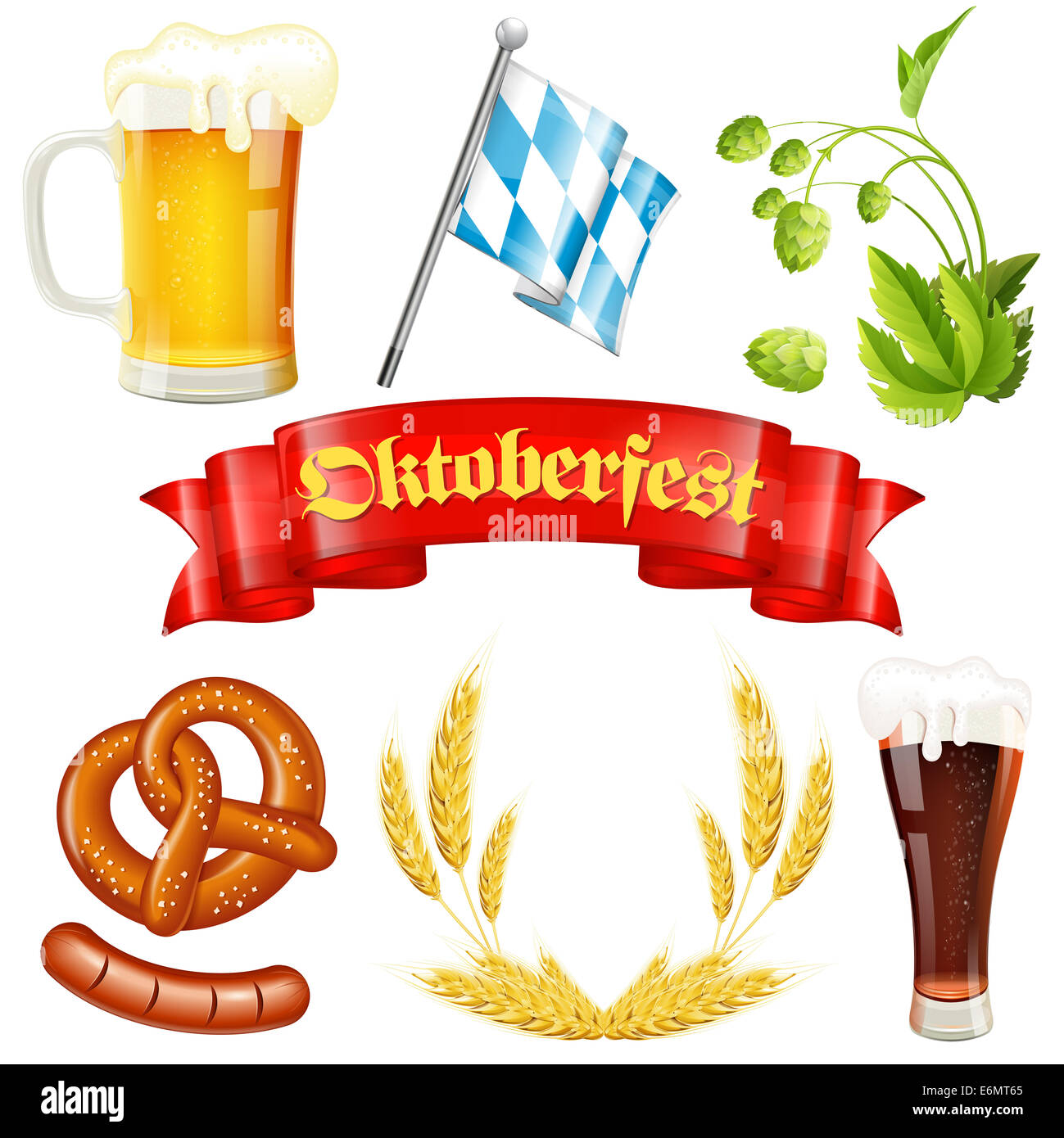 Oktoberfest Icons with Hops, Glass of Beer, Ears of Barley, Pretzel, Sausage, Bavarian Flag and Red Ribbon, isolated on white ba Stock Photo