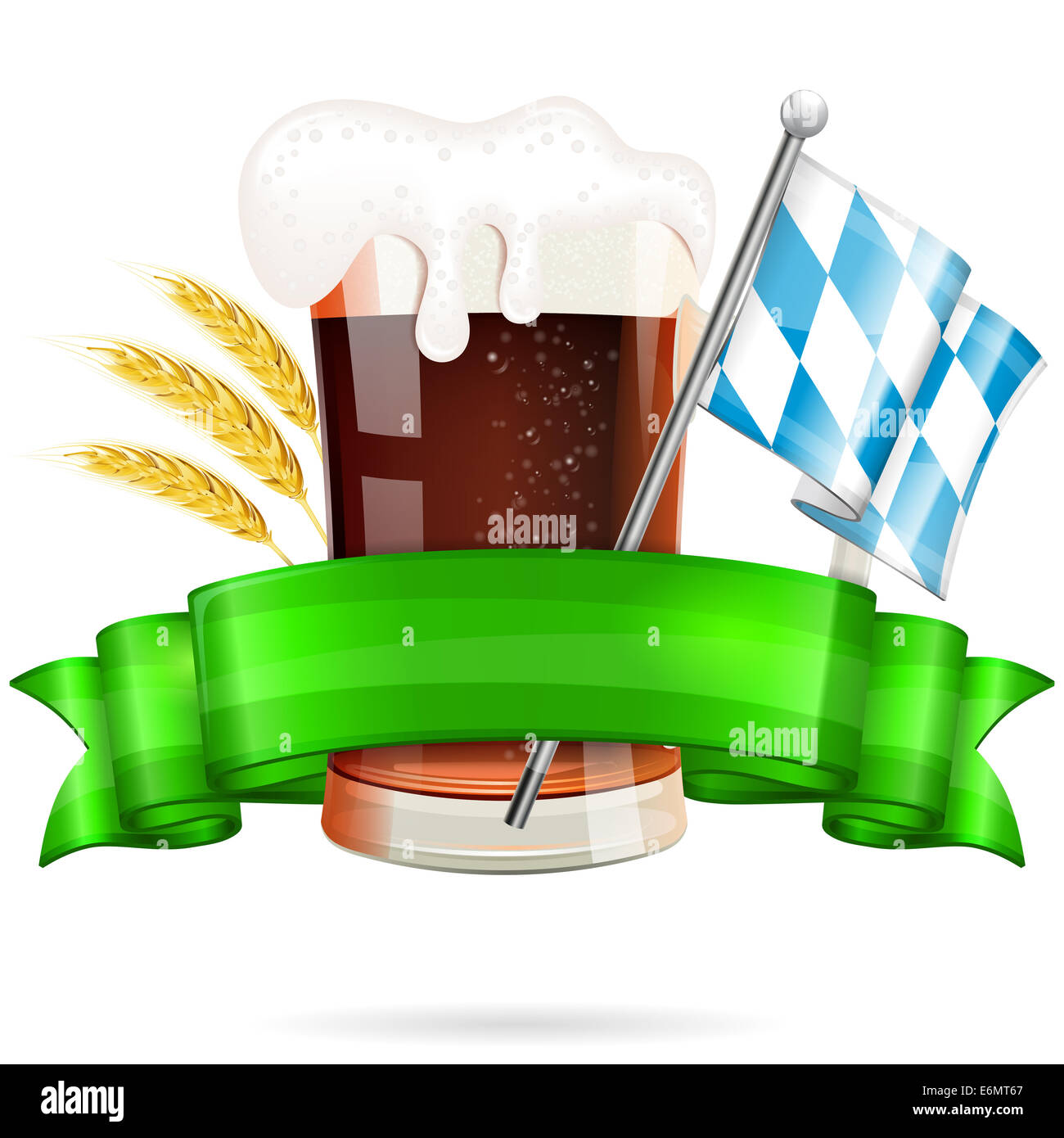 Oktoberfest Poster with Bavarian Flag, Glass of Beer, Barley and Green Ribbon, isolated on white background Stock Photo