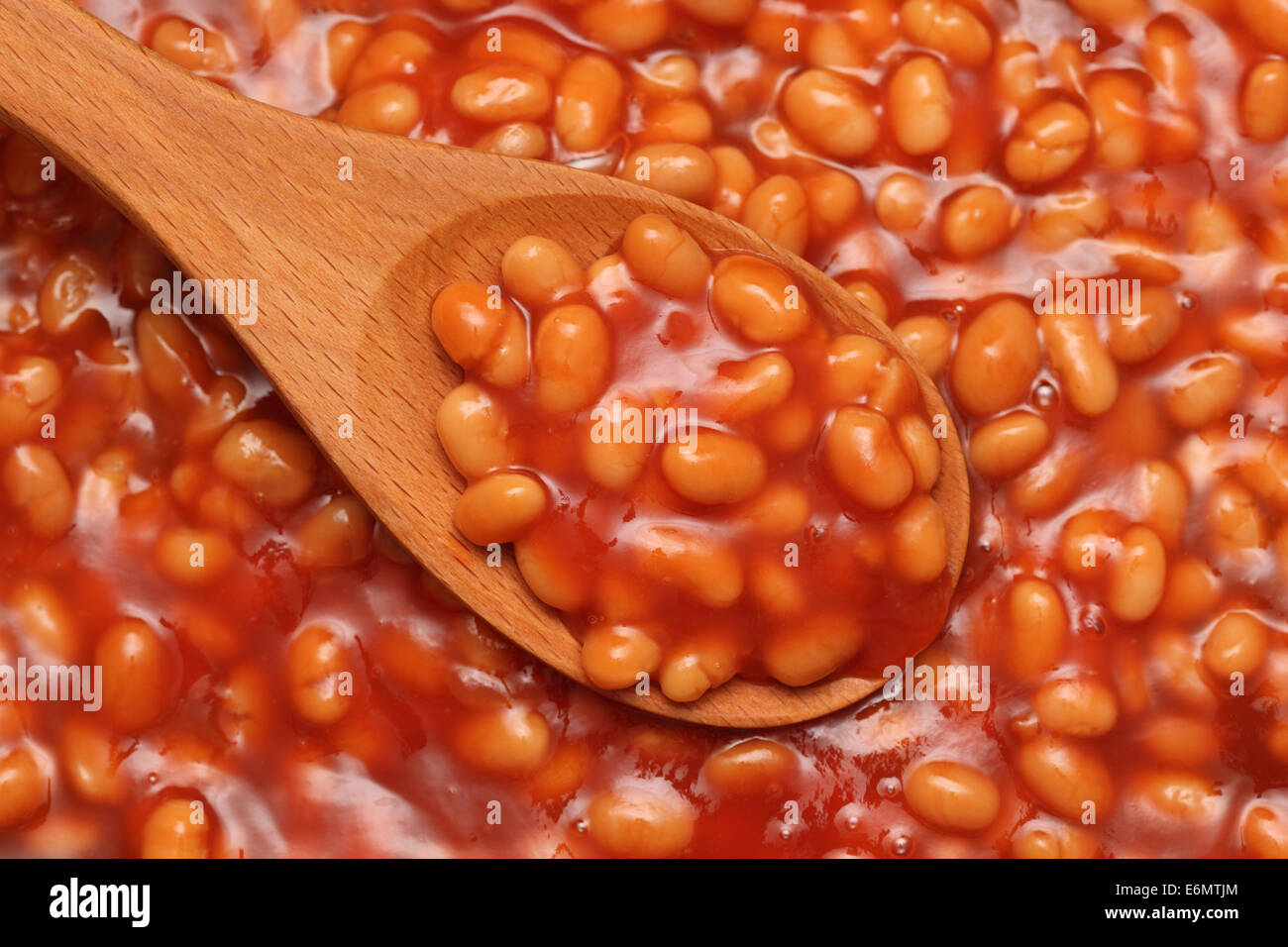 Baked beans in tomato sauce in a wooden spoon. Stock Photo
