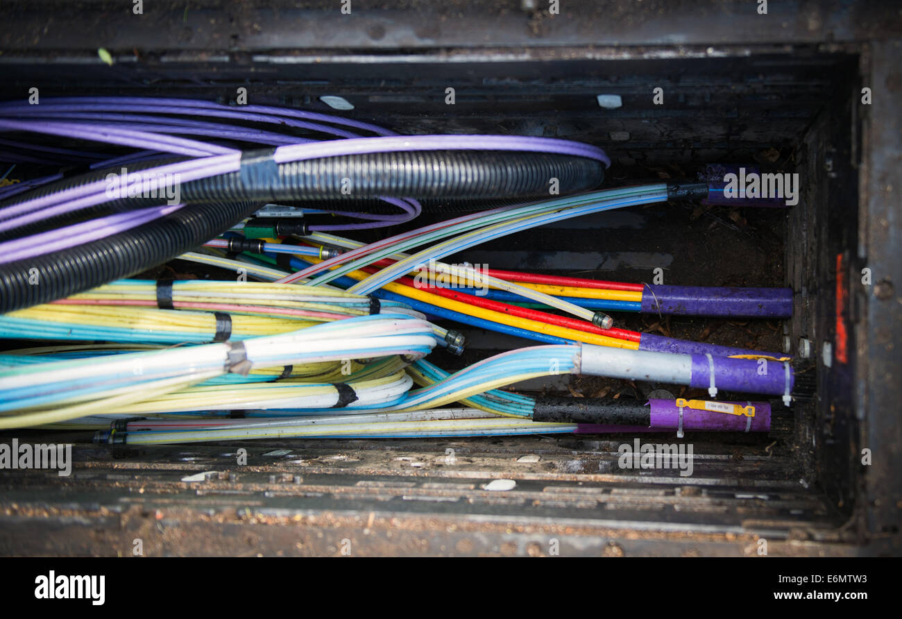 Numerous fibre optic cables converge into a  data node  for highspeed data transmission in Neumuenster, Germany, 20 August 2014. According to German government plans even remote and rural eras in Germany are expected to be covered by highspeed internet by 2018 at the latest. Photo: Daniel Reinhardt/dpa Stock Photo