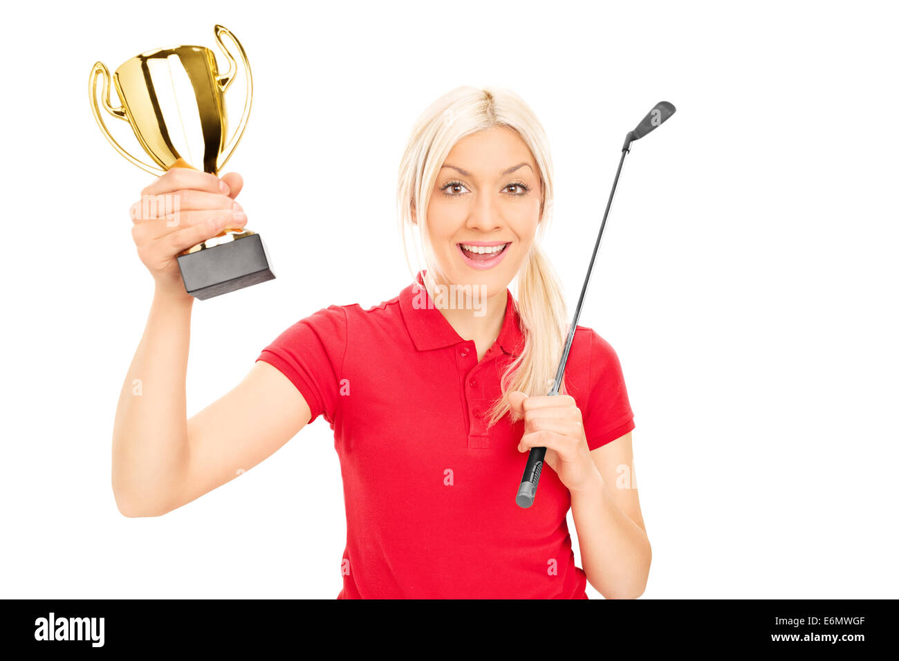 Female golfing champion holding a trophy isolated on white background Stock Photo