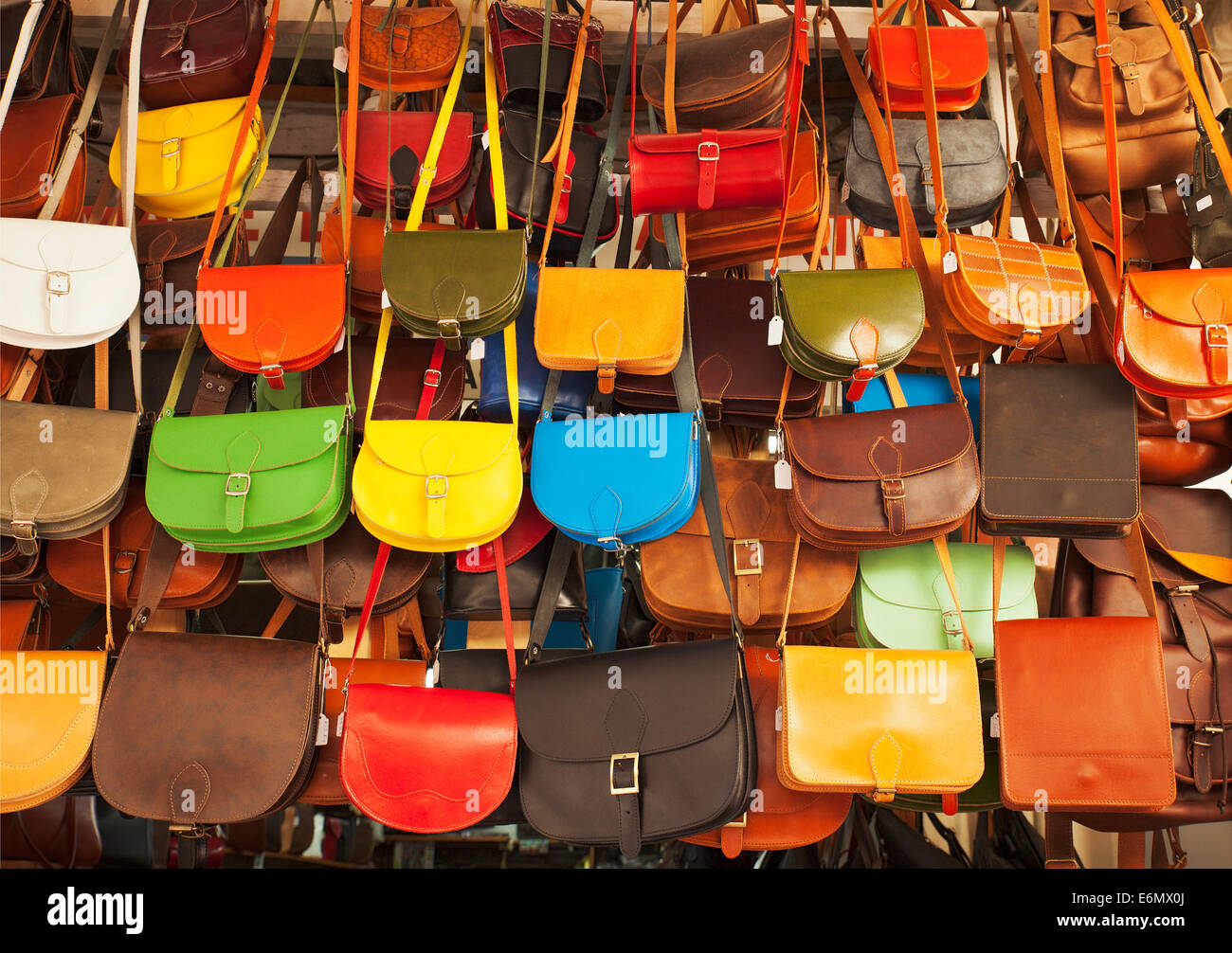 Leather handbags on display, Chania, Crete. Stock Photo