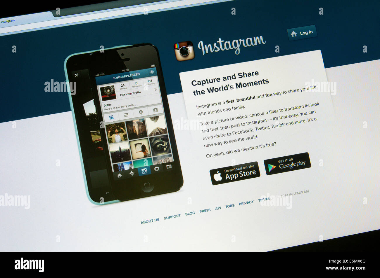 The website of Instagram, the online photograph or video sharing app. Stock Photo