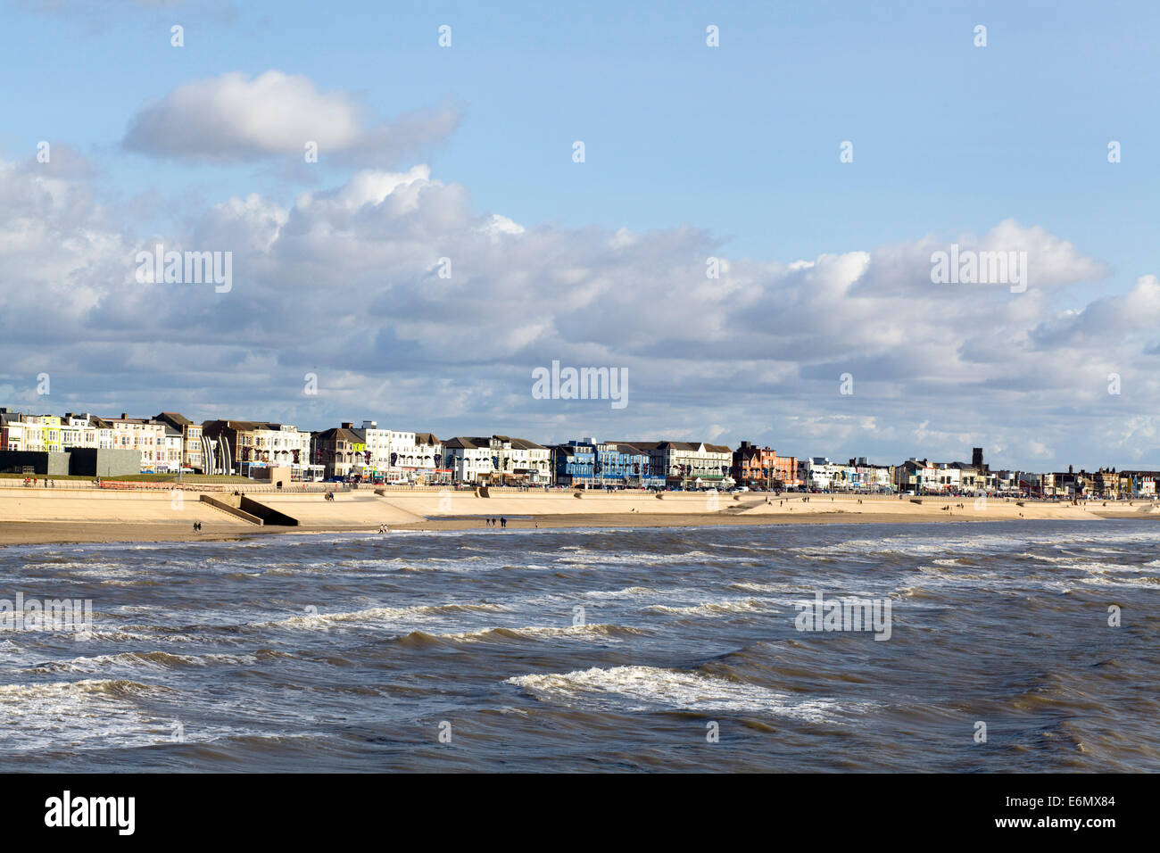 View of Blackpool Golden Mile Beach and Promenade Stock Photo