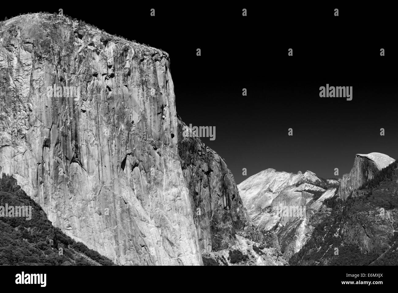 El Capitan looking east along Yosemite Valley with Half Dome in the distance. Stock Photo