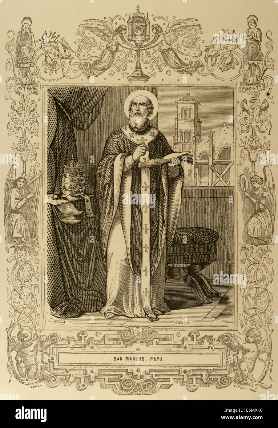 Pope Mark from 18 January to 7 October 336. Engraving by Cibera. Ano Cristiano, 1853. Stock Photo