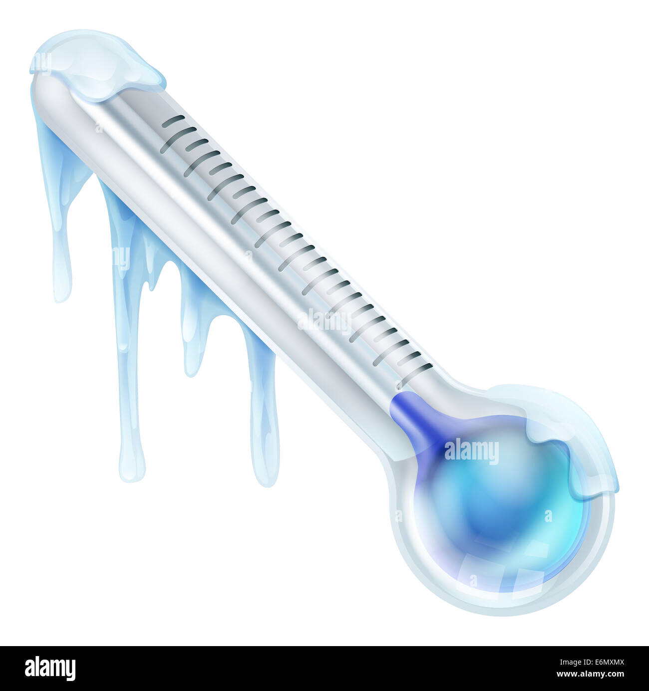 An illustration of a cold frozen thermometer in low temperature with ice, snow and stalactites Stock Photo