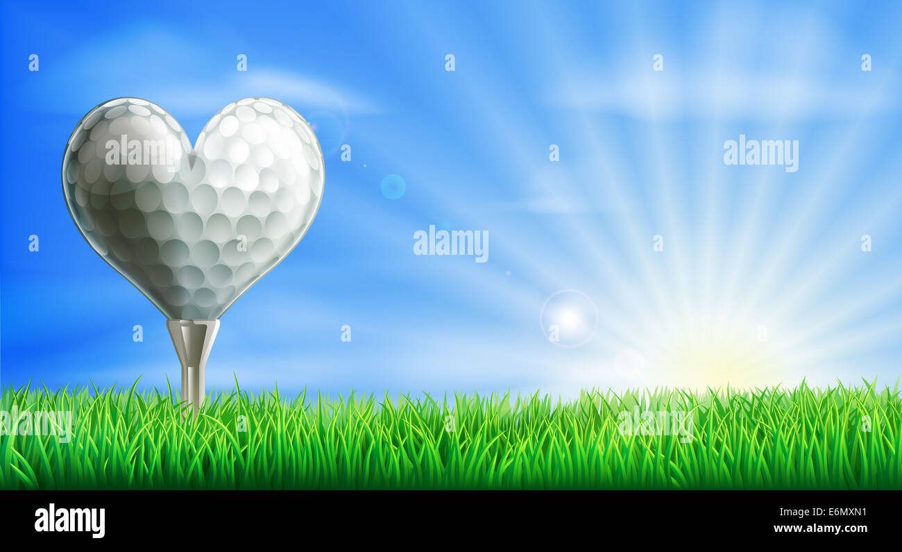 A heart shaped golf ball on its tee in a green grass field golf course