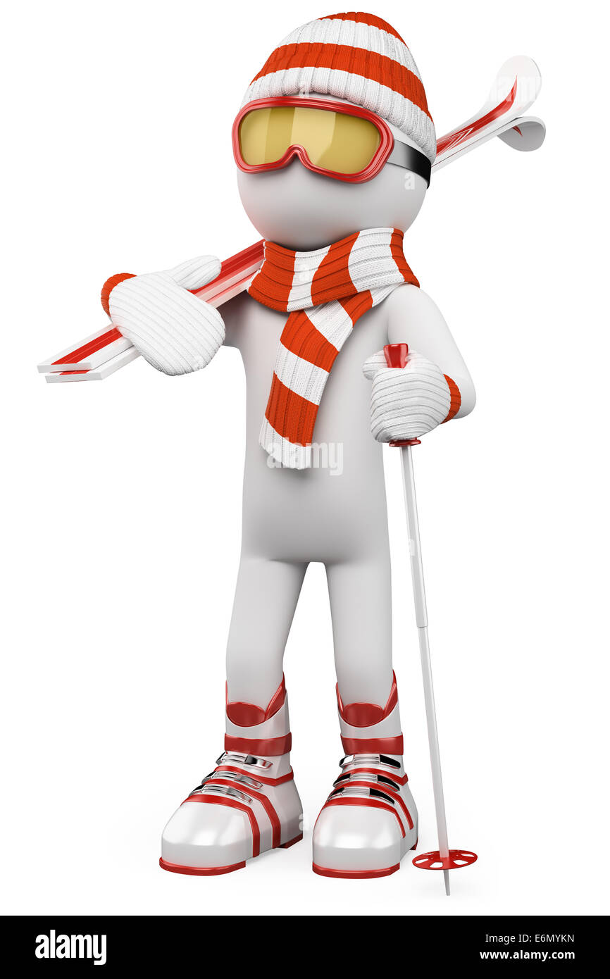 3d white skier with goggles, scarf, wool cap, ski boots and gloves. 3d