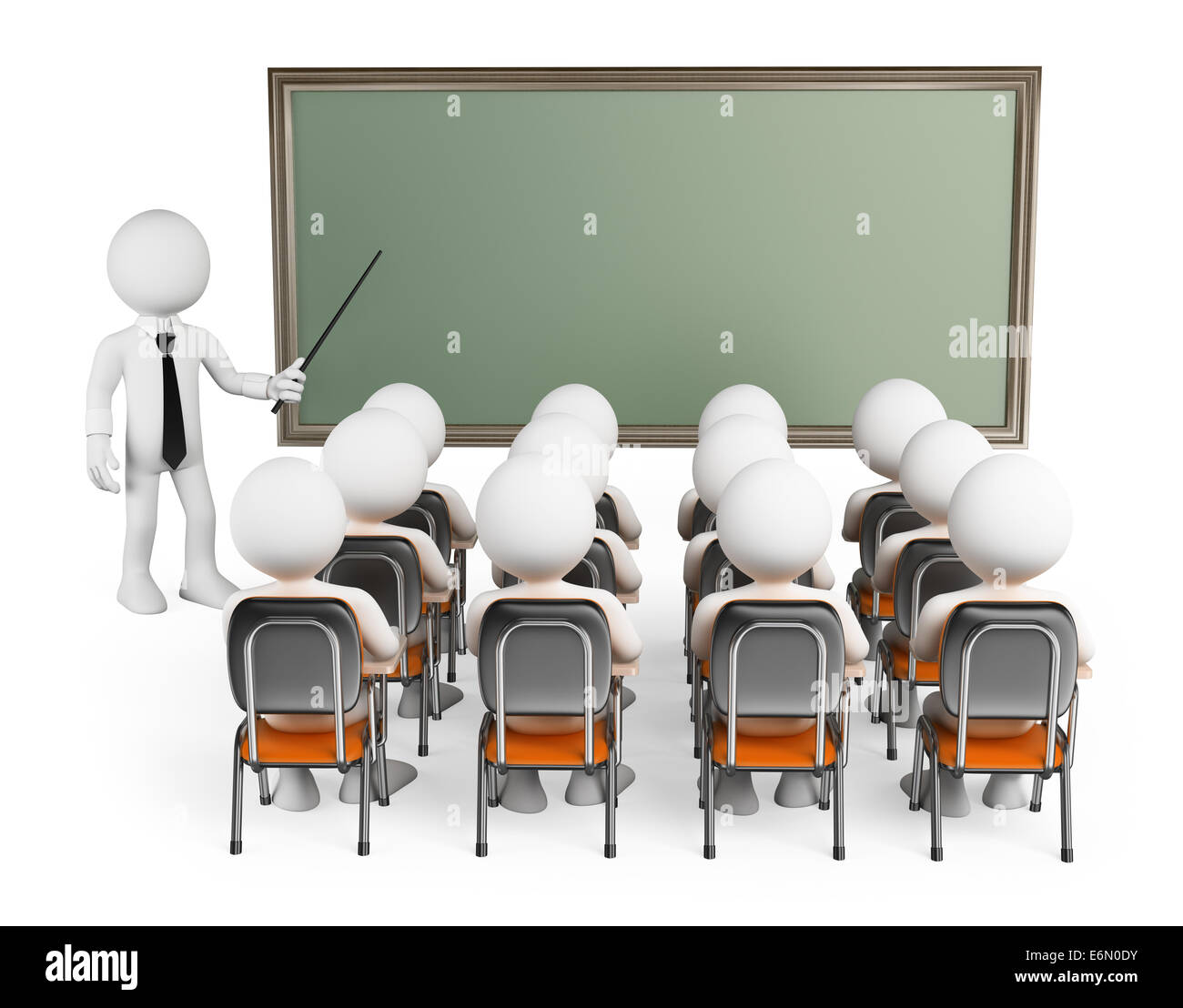 3d white people. Students in class with teacher and blank chalkboard. Isolated white background. Stock Photo