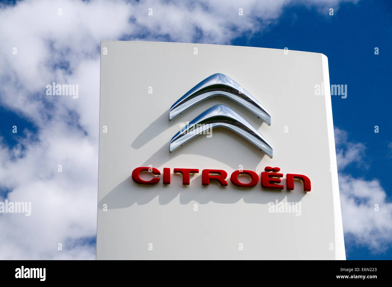 Citroen sign outside of car dealership, Penarth Road, Cardiff, Wales. Stock Photo