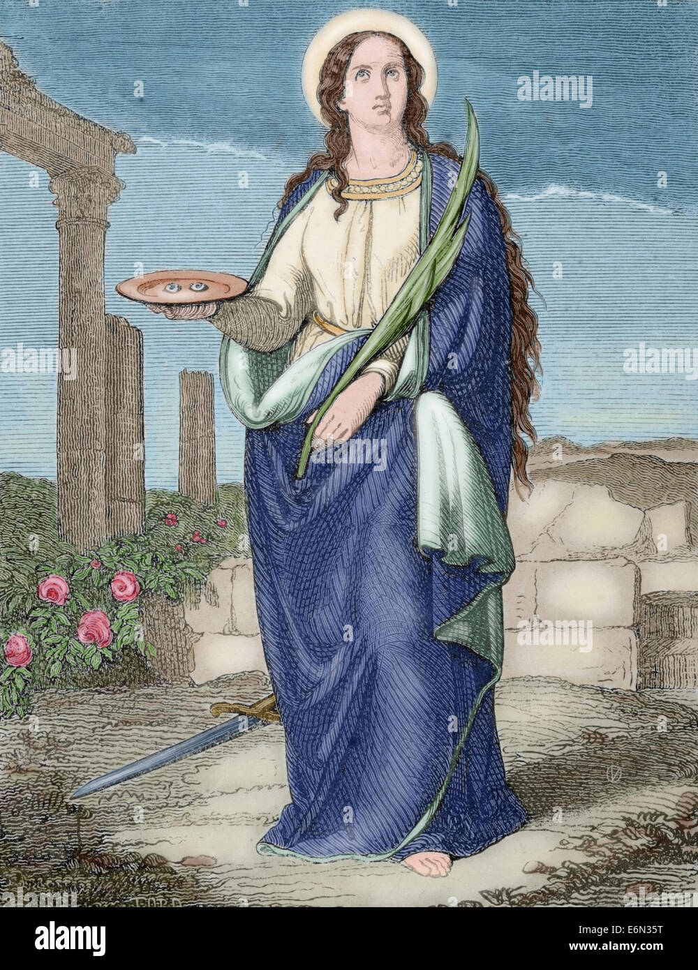 Saint Lucia of Syracuse (283-304). Christian martyr. Engraving by Tord. Christian Year, 1853. Colored. Stock Photo