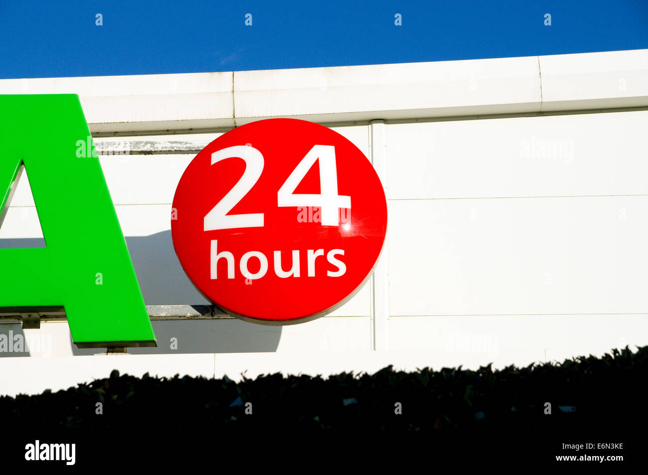 24 Hour shop opening sign, Asda Store, Leckwith, Cardiff, Wales. Stock Photo