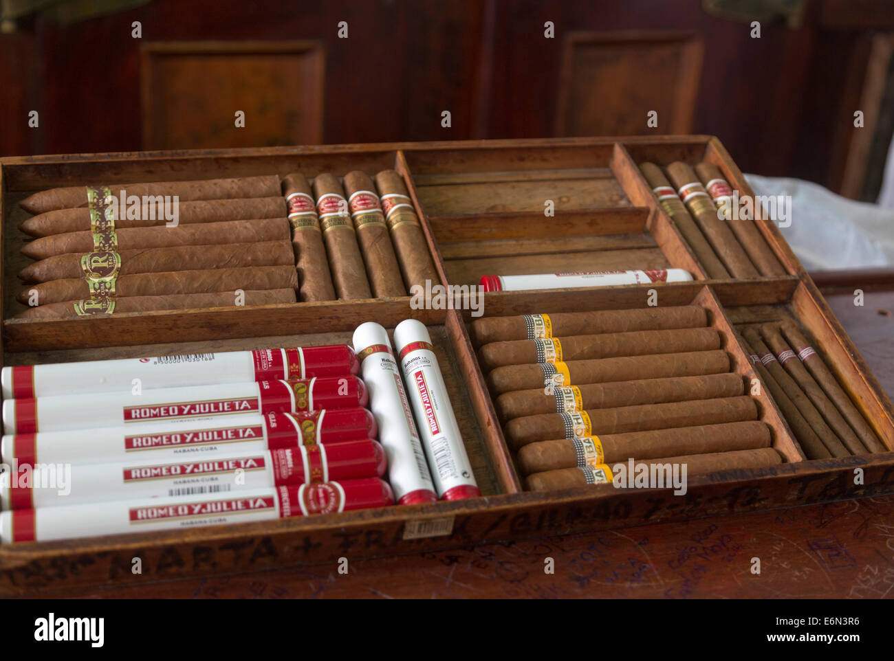 stacks of cigars for sale, La Bodeguita del Medio bar, Havana, Cuba Stock Photo