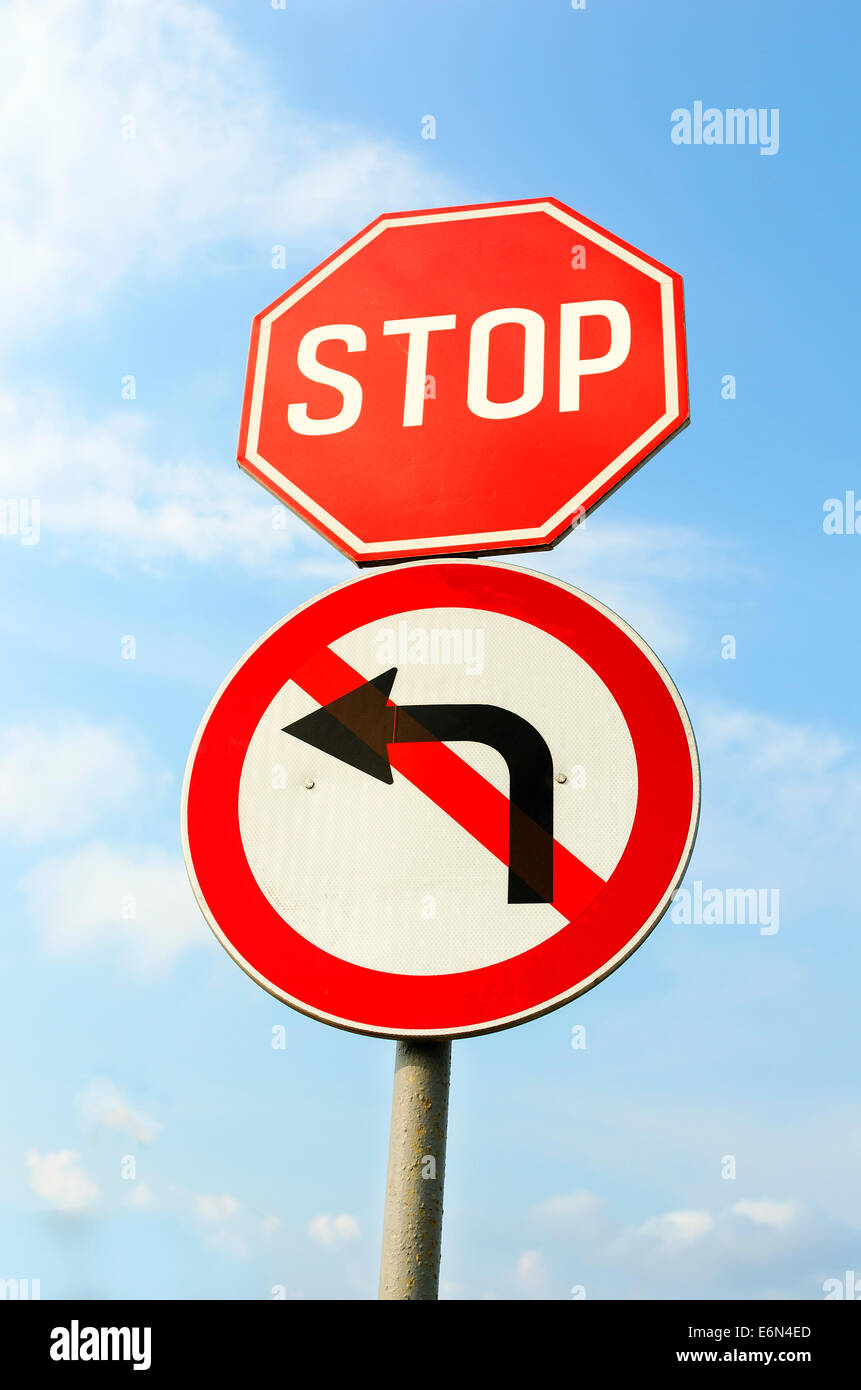Stop Sign and Do Not Turn Left Sign Stock Photo Alamy