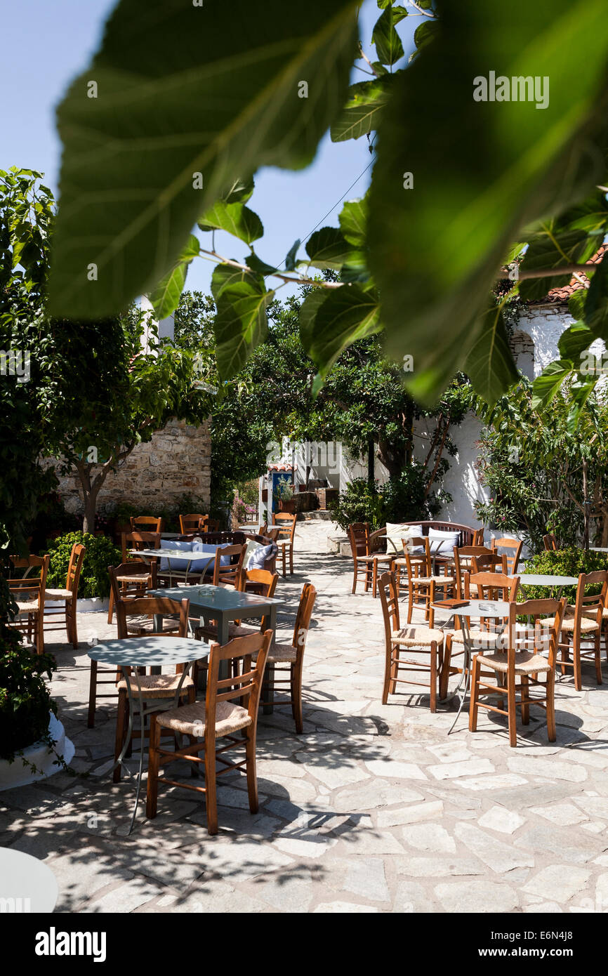 The courtyard of the Old Village (Chora) of Alonnisos in Greece. August 2014. Stock Photo