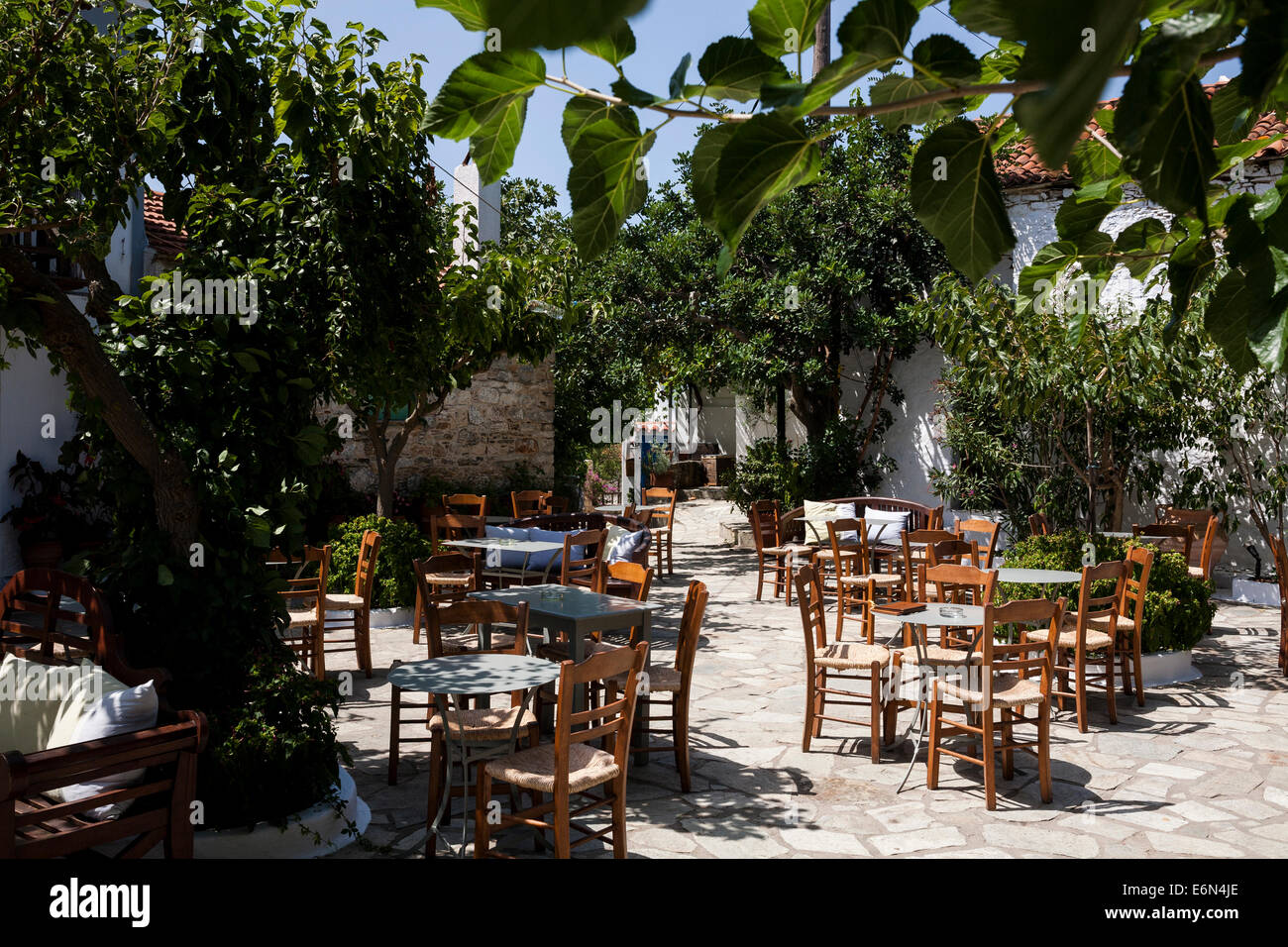 The courtyard of the Old Village (Chora) of Alonnisos in Greece. August 2014. Stock Photo