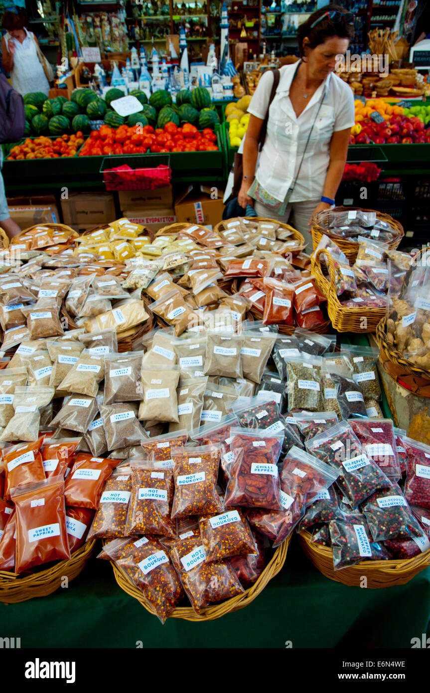 Herbs and spices, Dimoiki Dorag market hall, Eleftherias square, Kos town, Kos island, Dodecanese islands, Greece, Europe Stock Photo