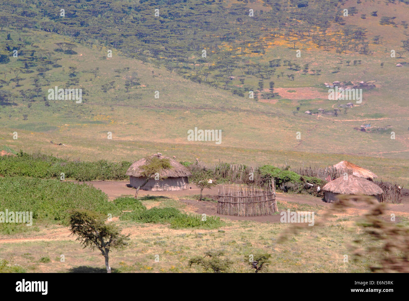 A small Maasai village composed by four huts between Ngorongoro Crater and Serengeti Plains, Tanzania. Stock Photo