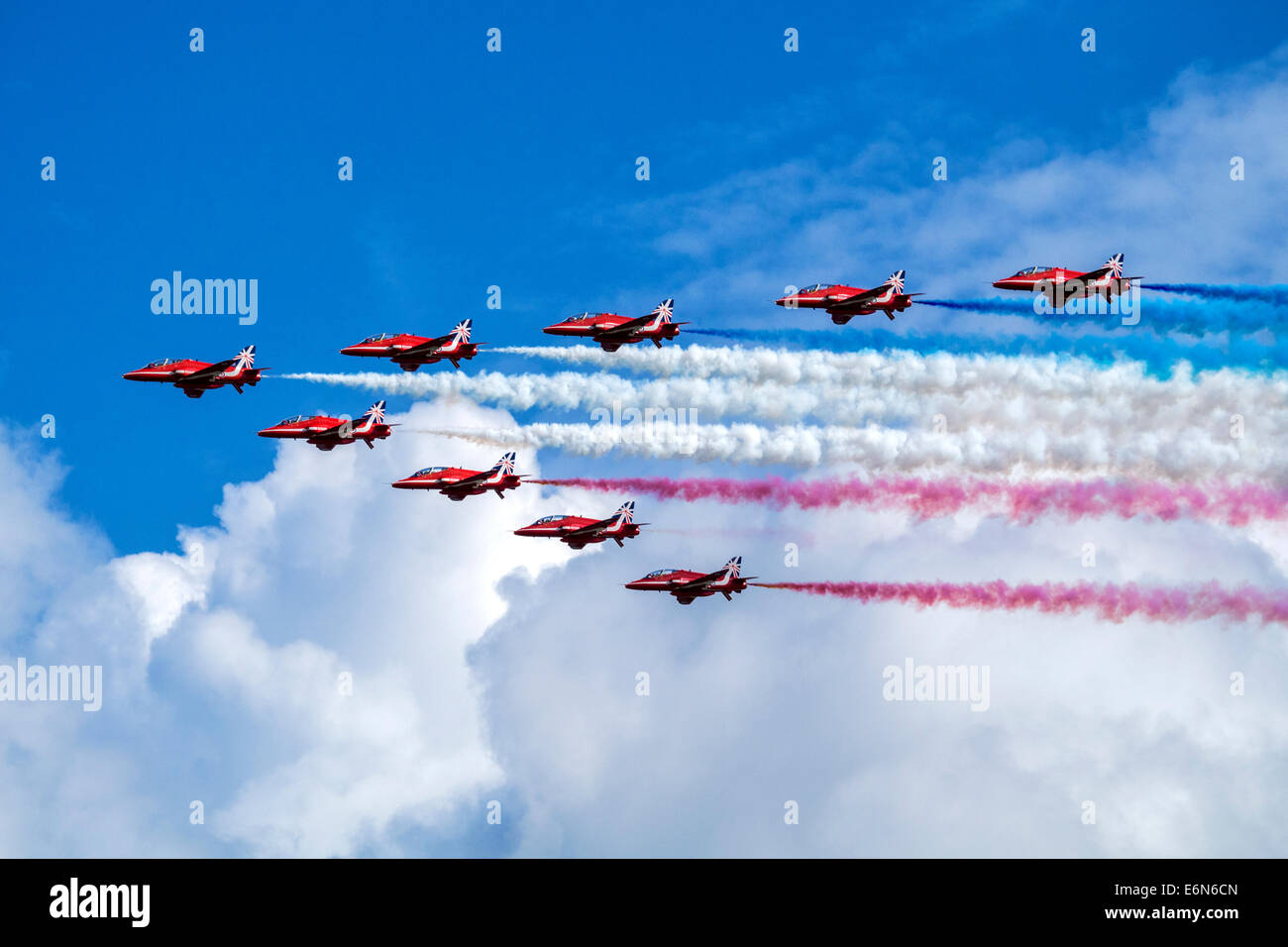 Royal Air Force Red Arrows display team at the Eastbourne International Airshow, August 2014 Stock Photo