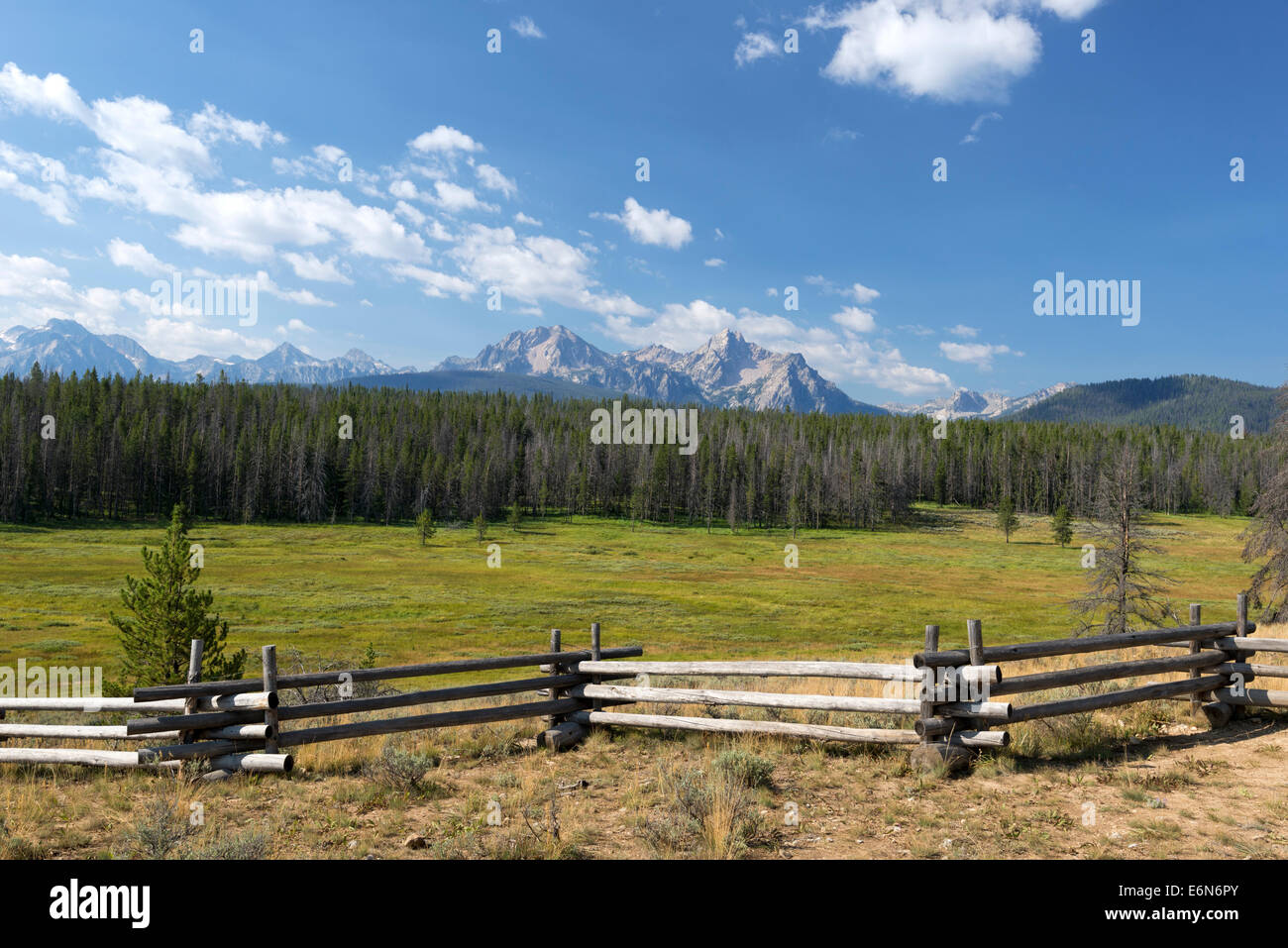 Pole fence and meadow below the Sawtooth Mountains, Idaho. Stock Photo