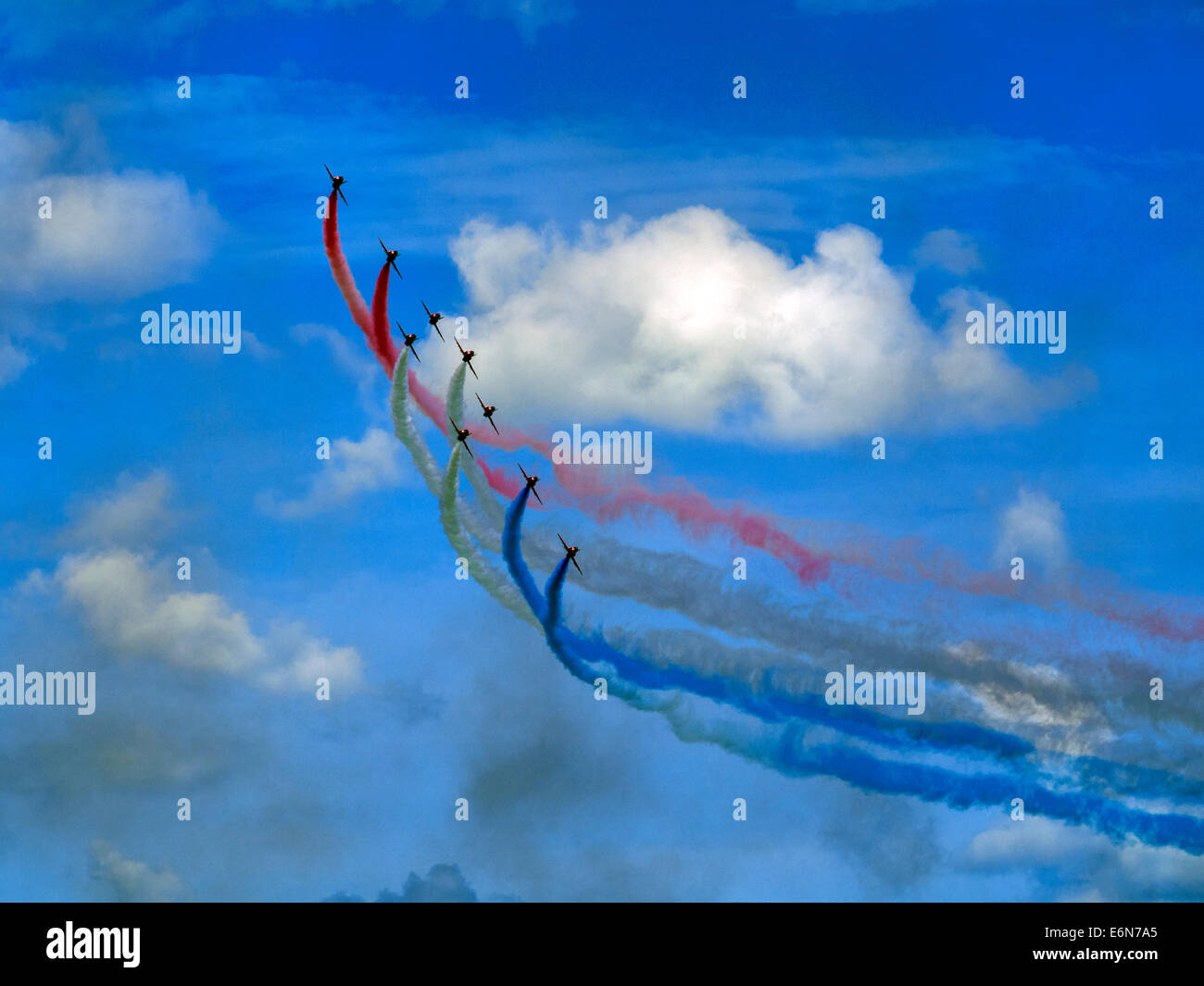 Royal Air Force Red Arrows display team at the Eastbourne International Airshow, August 2014 Stock Photo