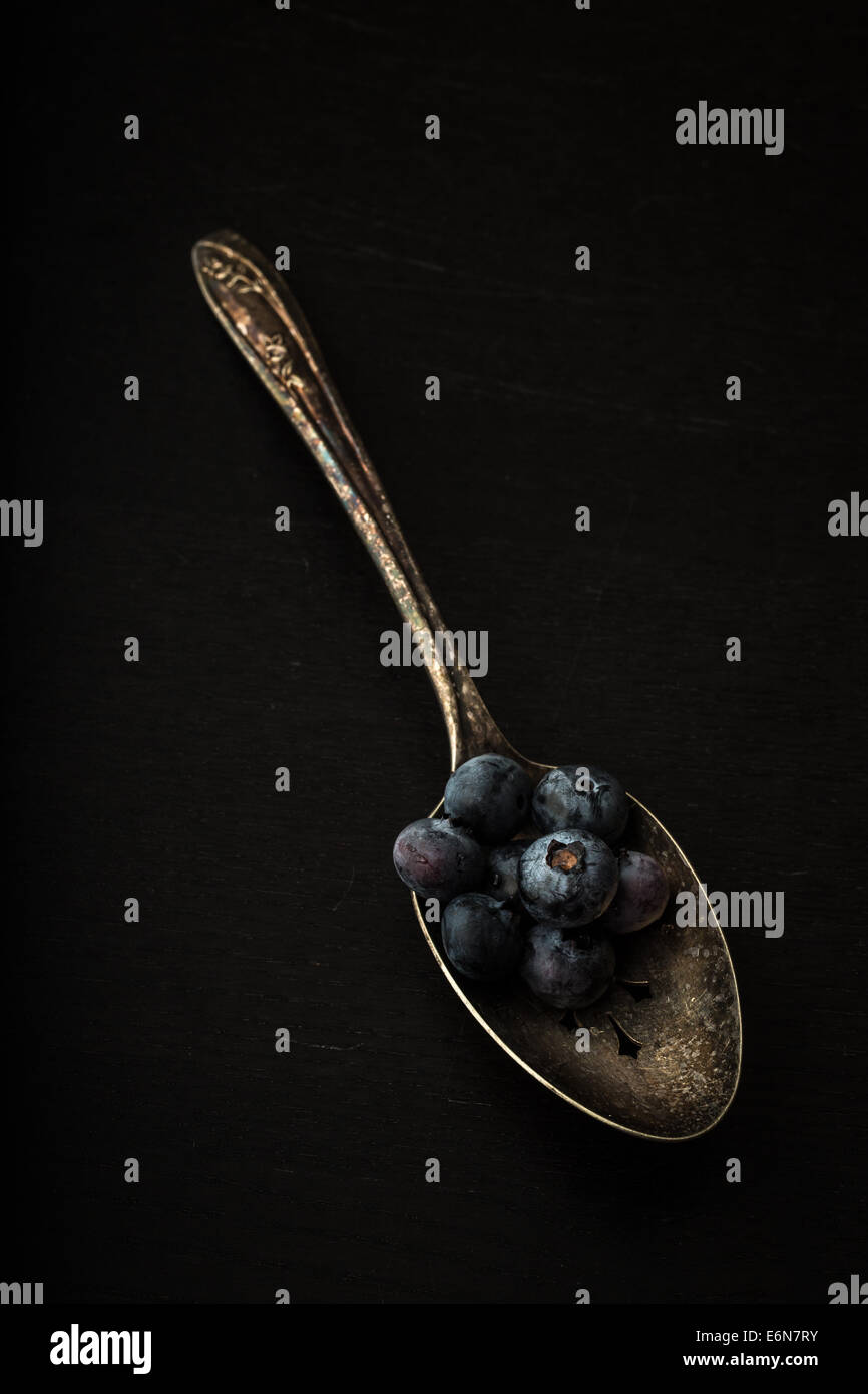 Fresh picked blueberries on a old silver spoon Stock Photo