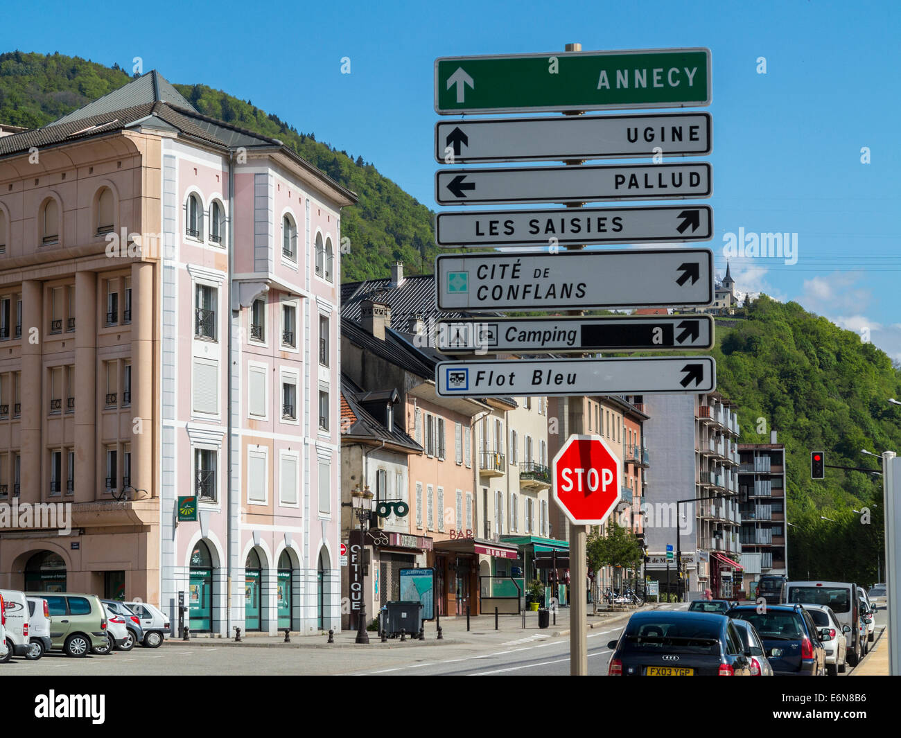 French direction signpost in Albertville, Savoie, Rhone Alpes, France Stock Photo