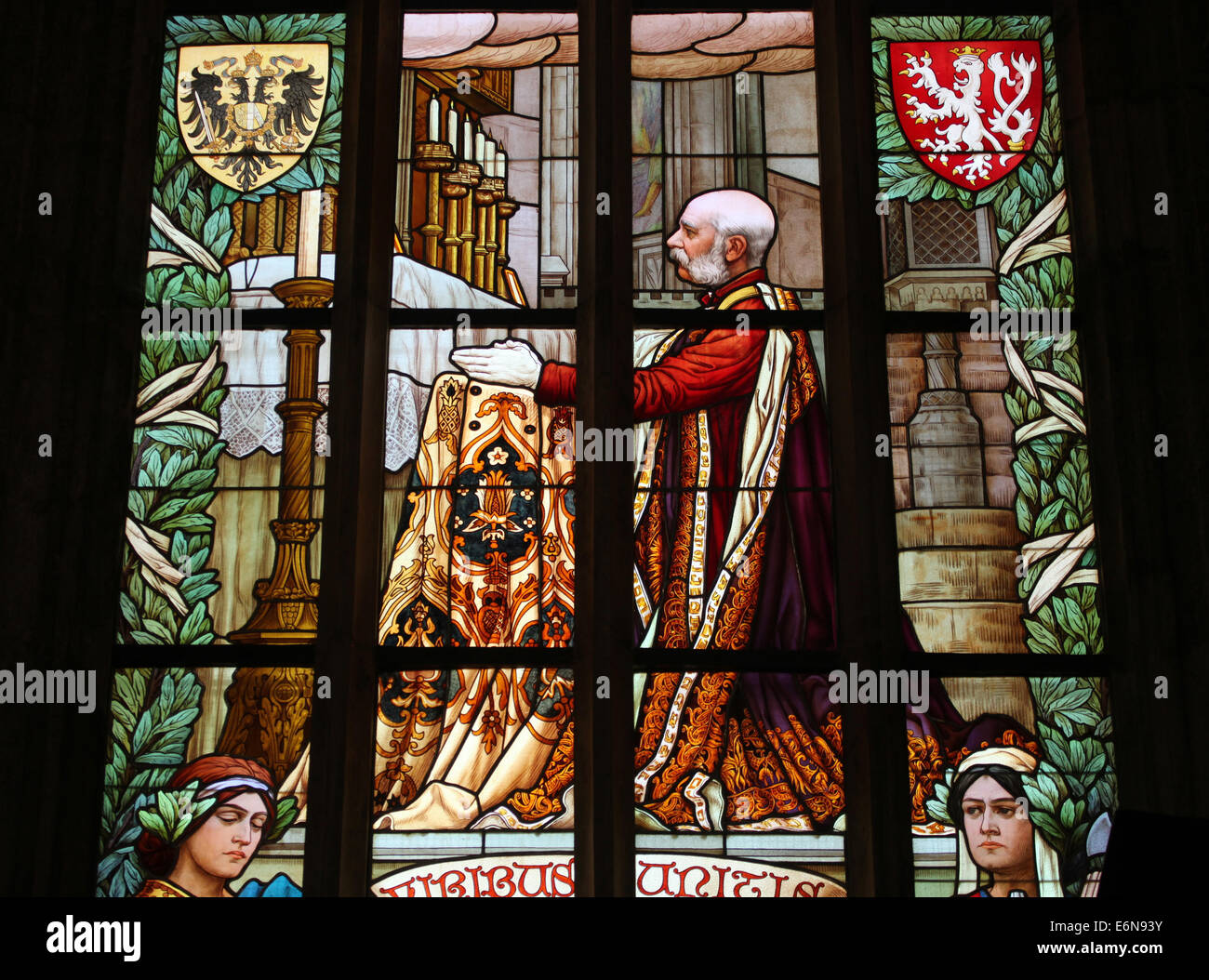 Emperor Franz Joseph I of Austria. Stained glass window in Saint Barbara's Church in Kutna Hora, Czech Republic. Stock Photo