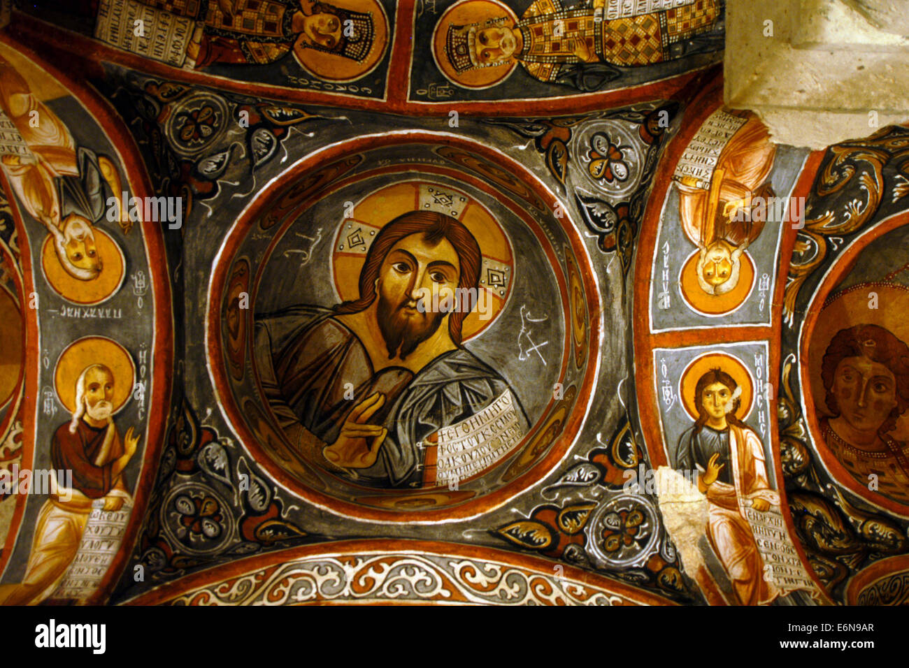 Christ Pantocrator. Byzantine fresco in the Dark Church (Karanlık Kilise) near Goreme in Cappadocia, Turkey. Stock Photo