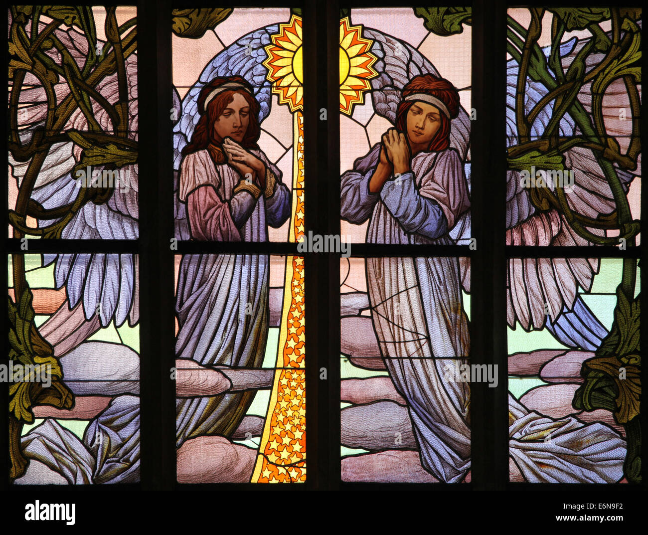 Star of Bethlehem. Stained glass window in Saint Barbara's Church in