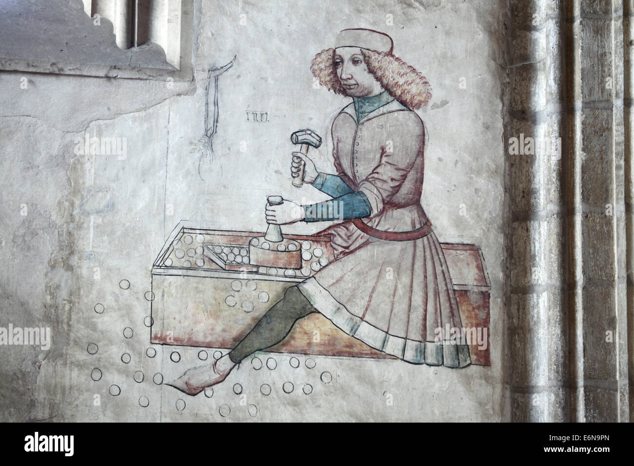 Medieval coin minting depicted on the Late Gothic fresco in St Barbara's Church in Kutna Hora, Czech Republic. Stock Photo