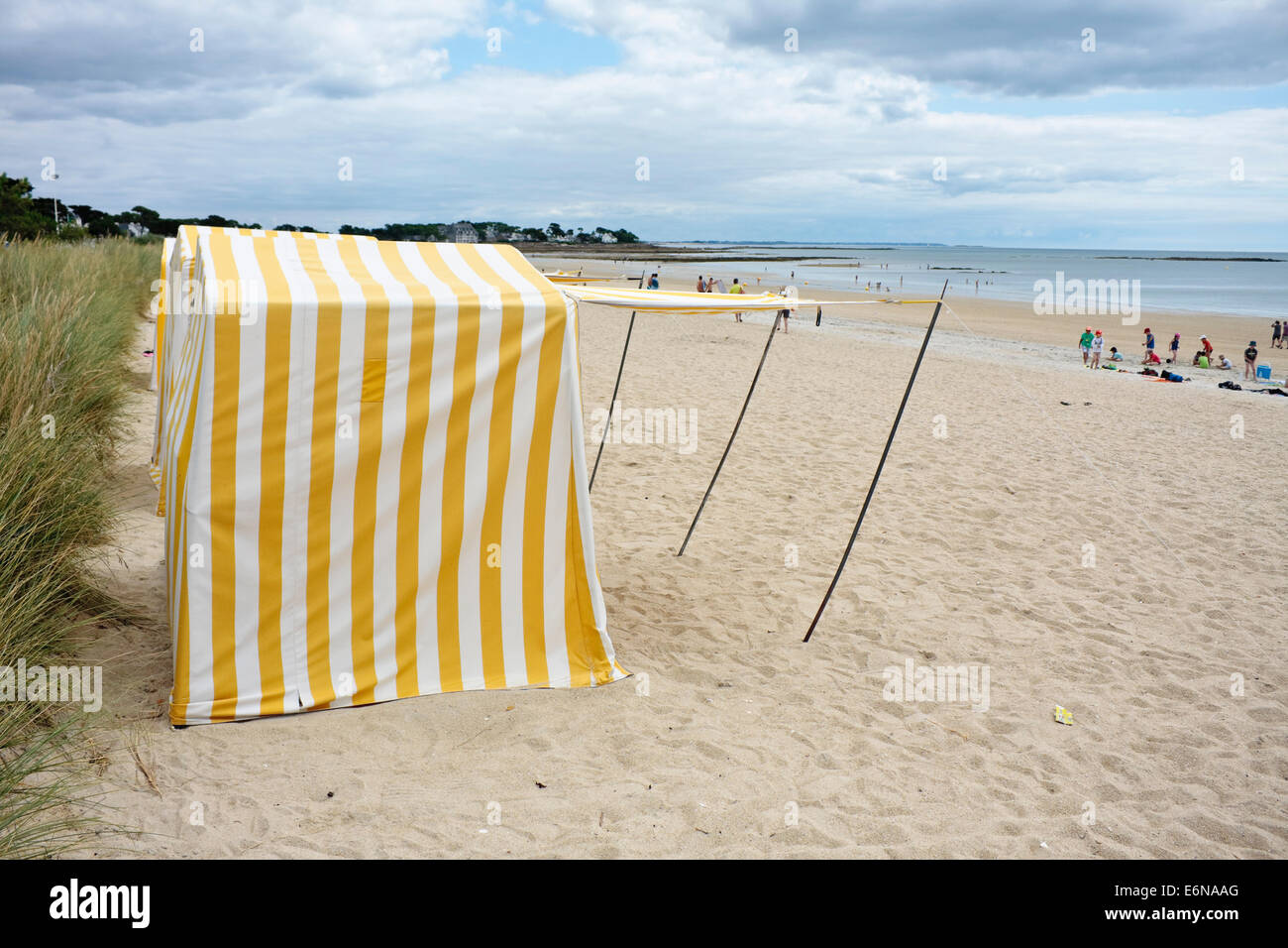 Beach shelters on Carnac Plage, Brittany, France Stock Photo