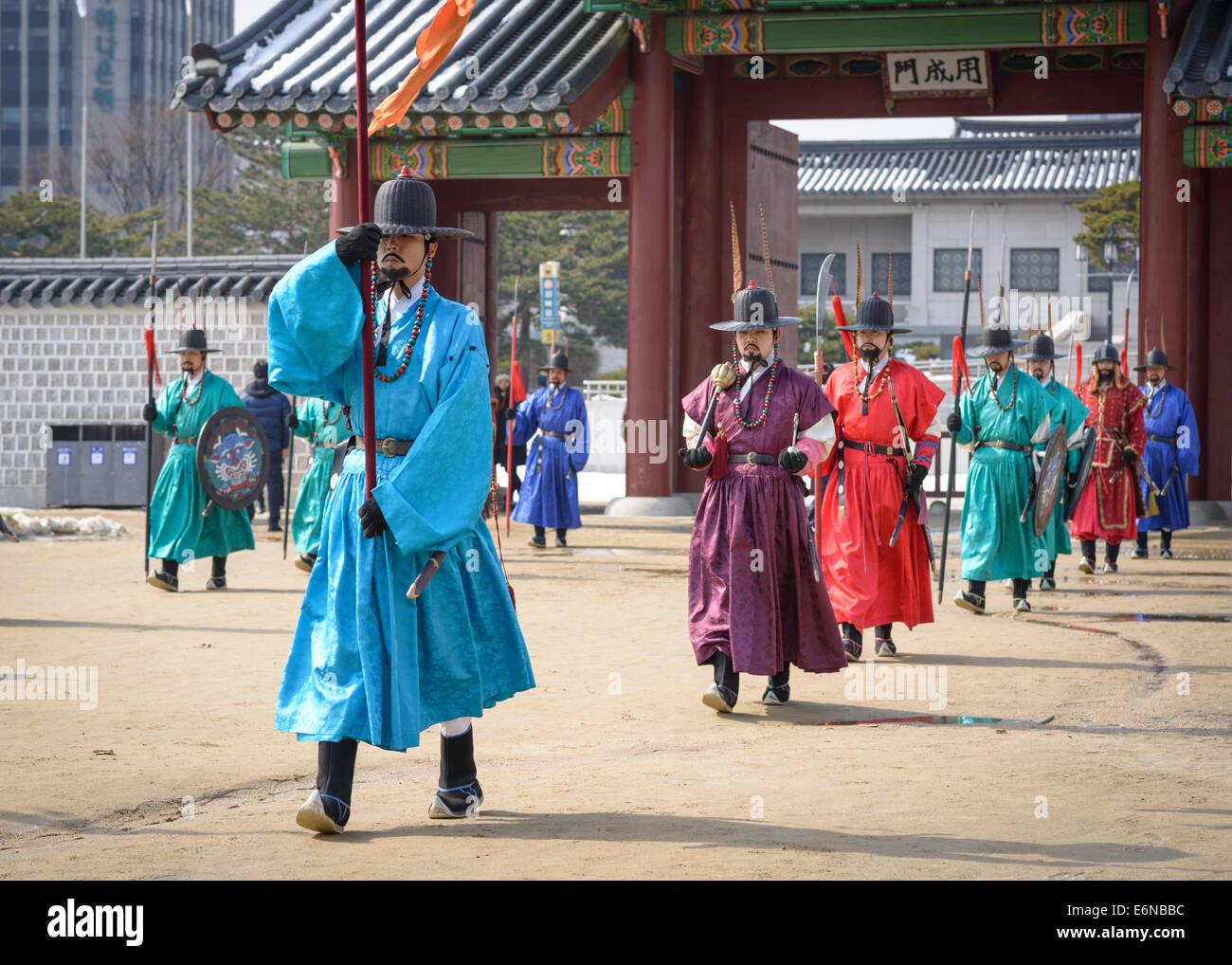 Changing of the royal guards at Gyeongbokgung Palace in Seoul, South Korea. Stock Photo