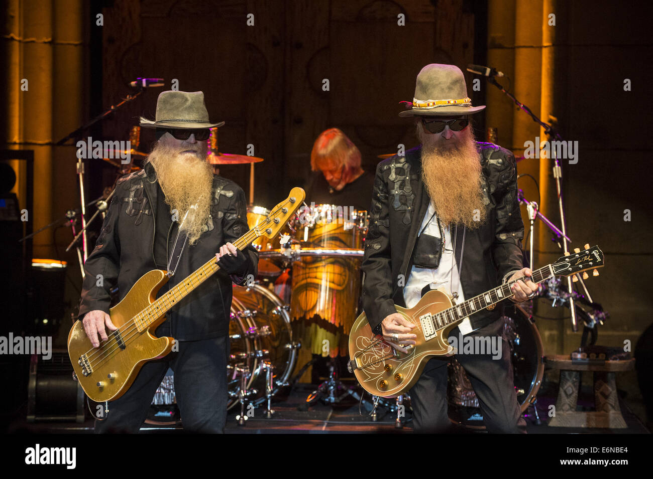 Aug 14, 2014. 14th Aug, 2014. Saratoga, California, USA - Dusty Hill, Frank Beard and Billy Gibbons of ZZ Top perform live at the sold-out Mountain Winery. © Jerome Brunet/ZUMA Wire/Alamy Live News Stock Photo