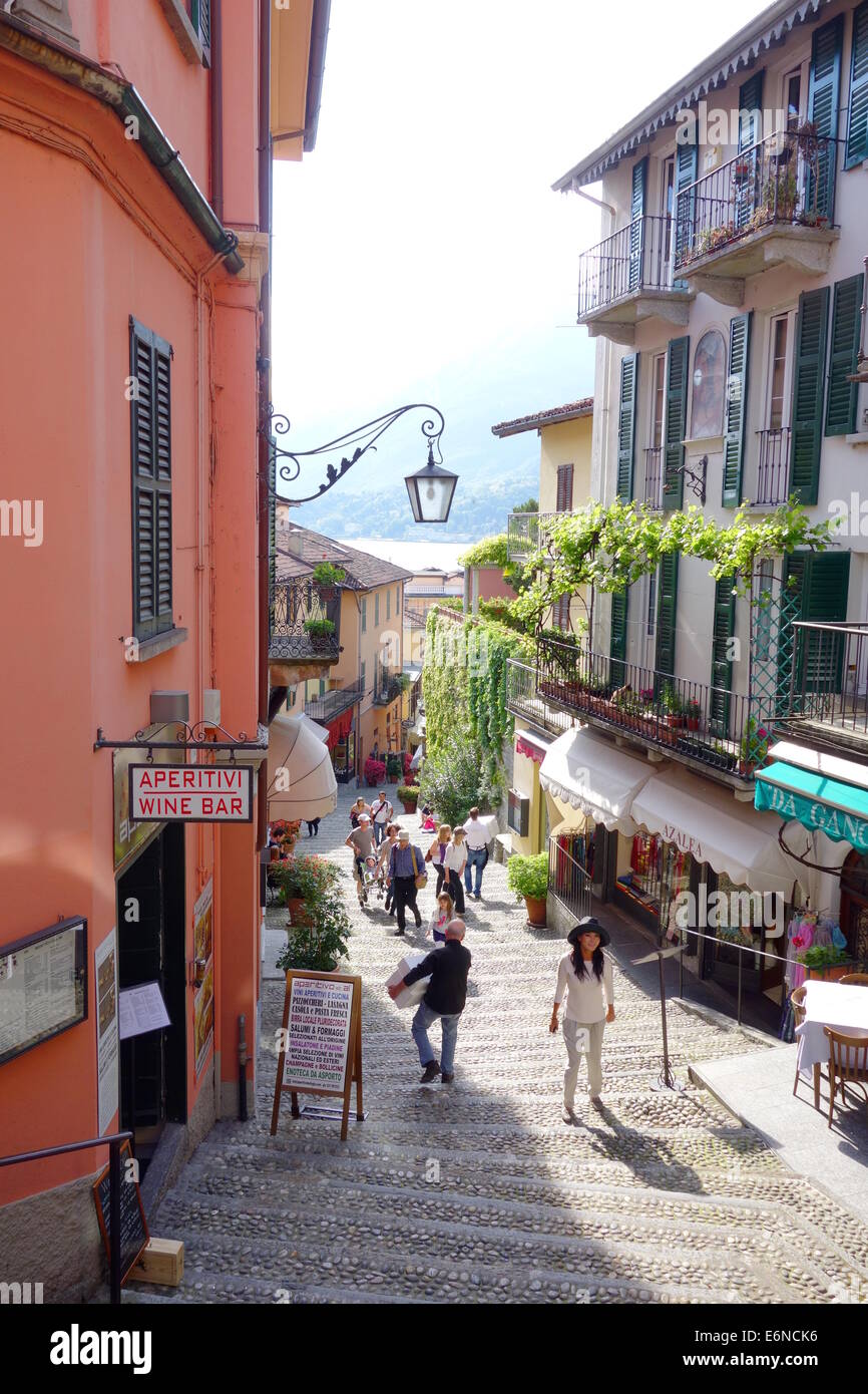 Street descending to the Lake Como in Bellagio, Italy Stock Photo
