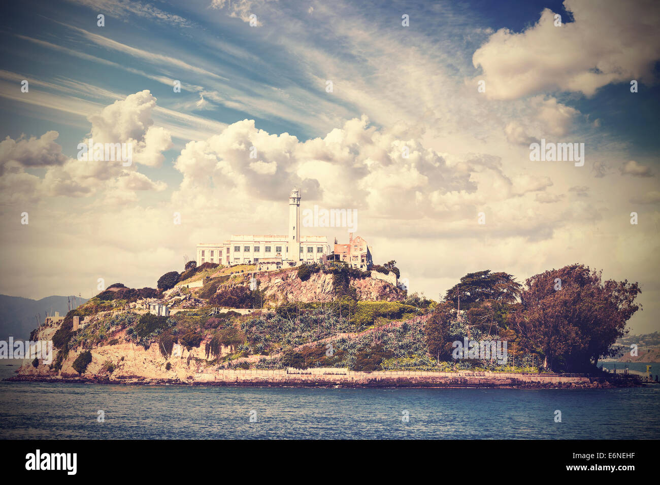 Vintage picture of Alcatraz Island in San Francisco, USA. Stock Photo