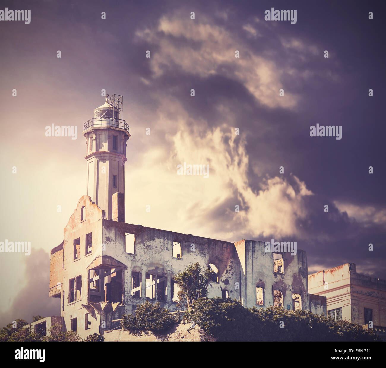 Vintage picture of dramatic rainy sky over Alcatraz Island in San Francisco, USA. Stock Photo