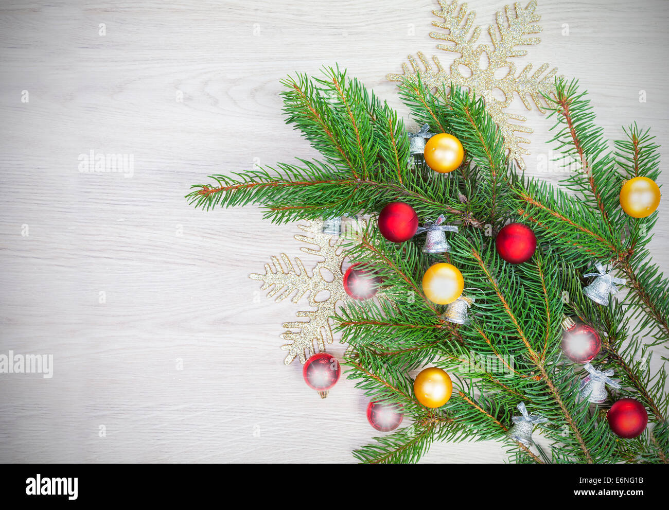 Christmas background, decoration on white wooden board. Stock Photo