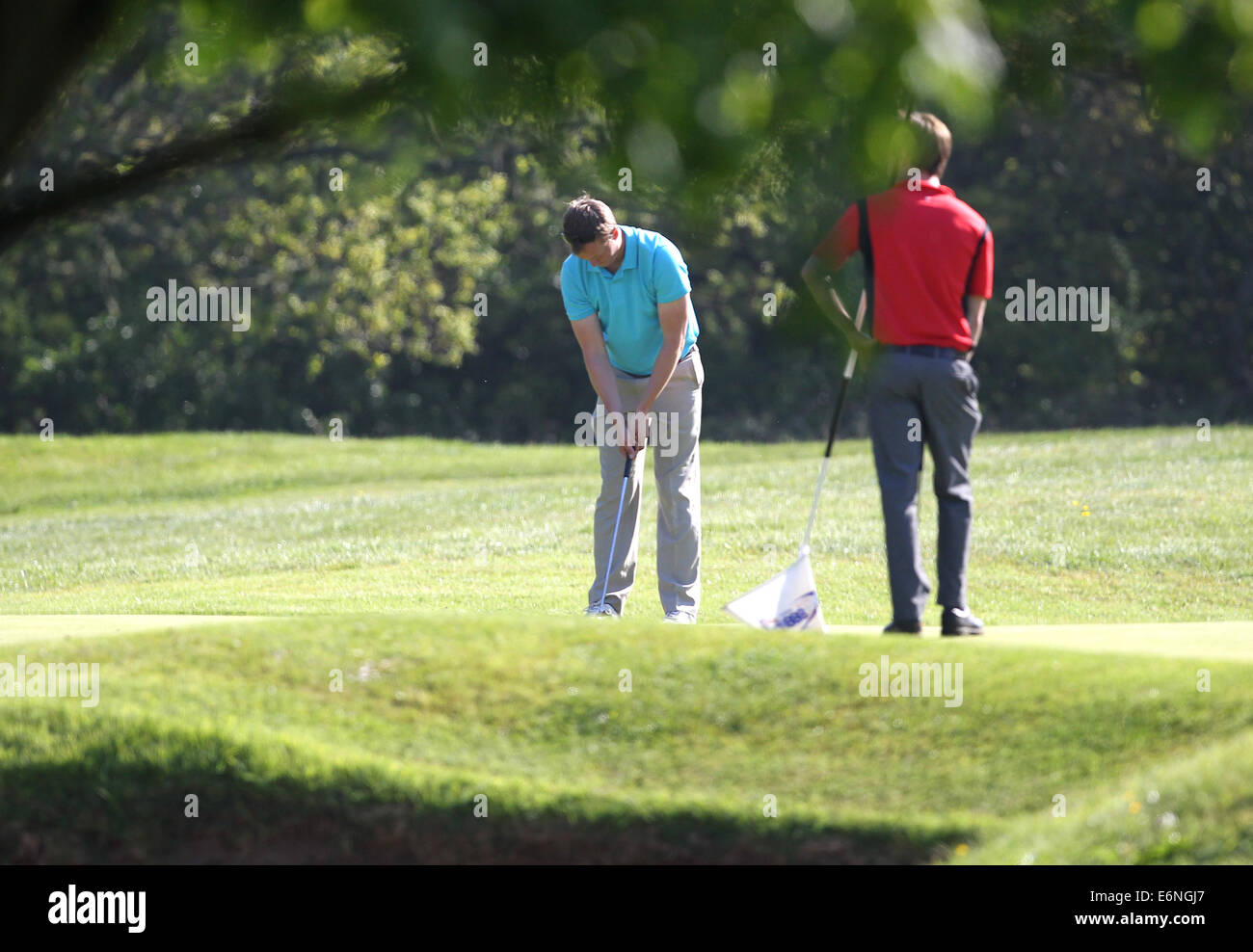 A golfer putts on a green during the PGA Europro Tour at Bovey Castle, Devon Stock Photo