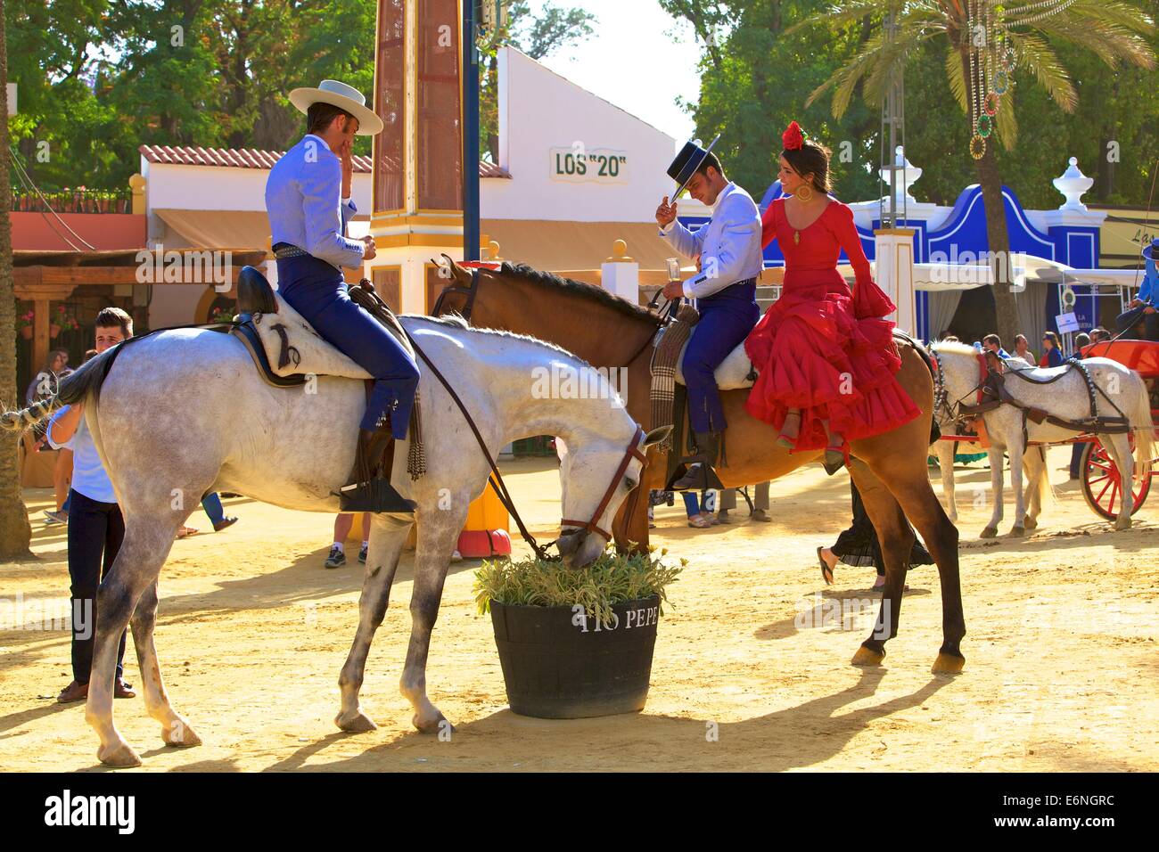 Spanish Horse Riders in Traditional Dress,  Annual Horse Fair, Jerez de la Frontera, Cadiz Province, Andalusia, Spain, South Wes Stock Photo