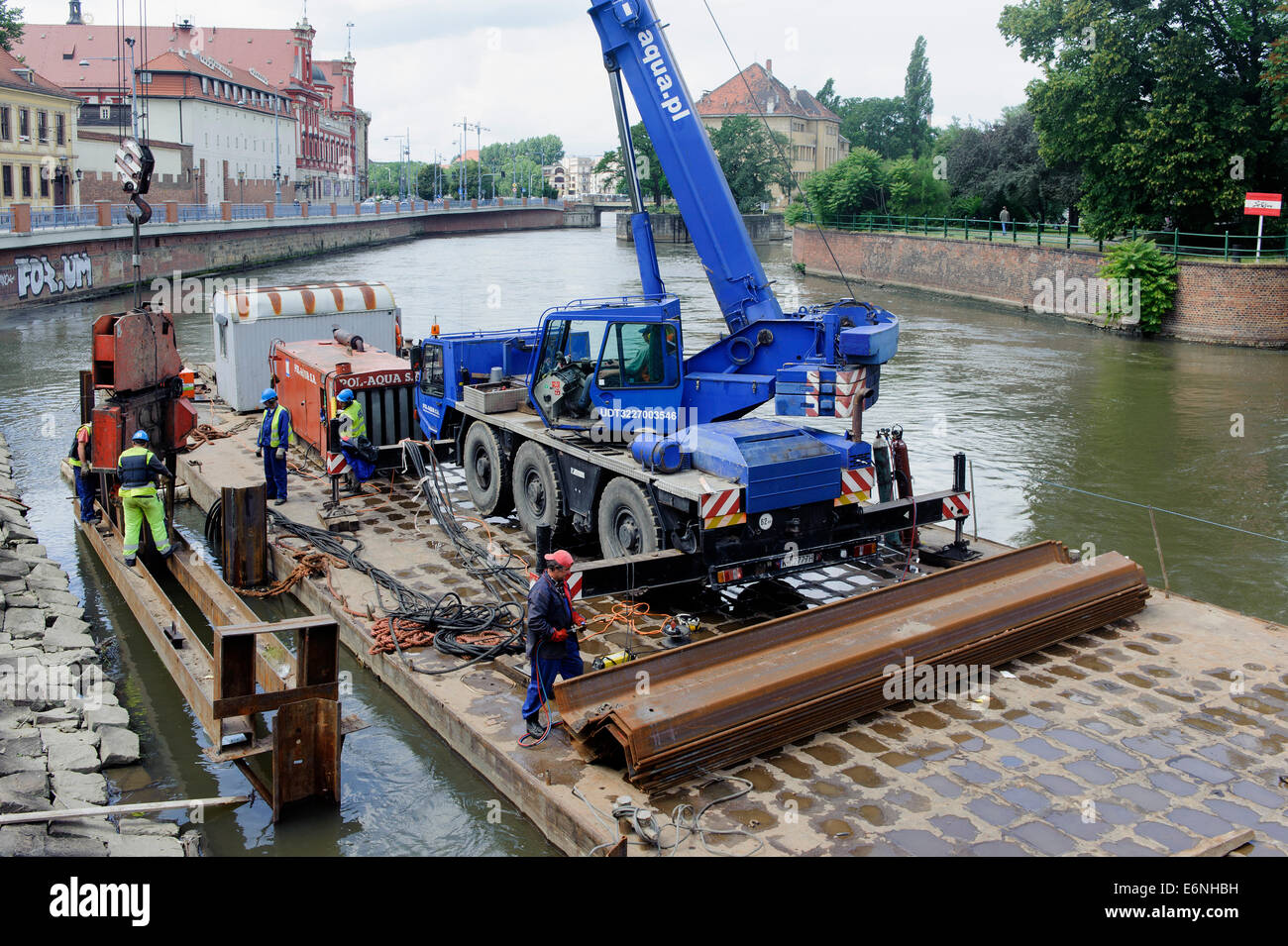 Repairs at the bank of River Oder in Wroclaw, Poland, Europe Stock Photo