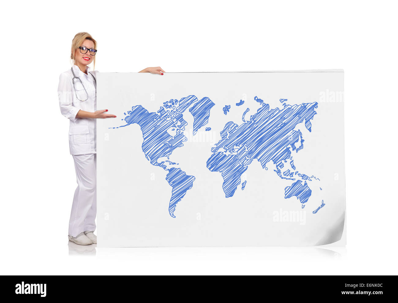 young female doctor holding poster with drawing world map Stock Photo