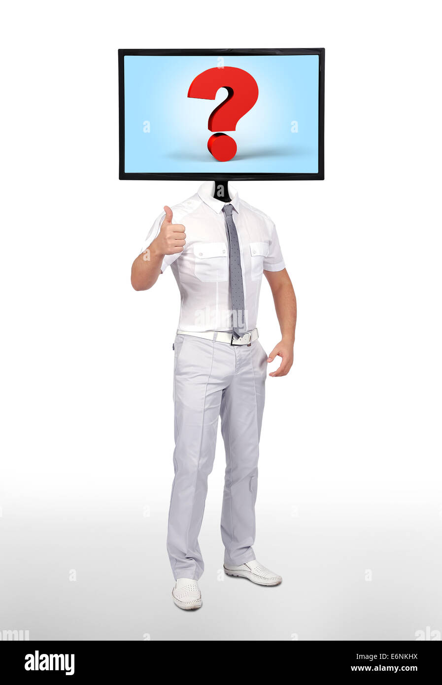 businessman and monitor with question mark for a head Stock Photo