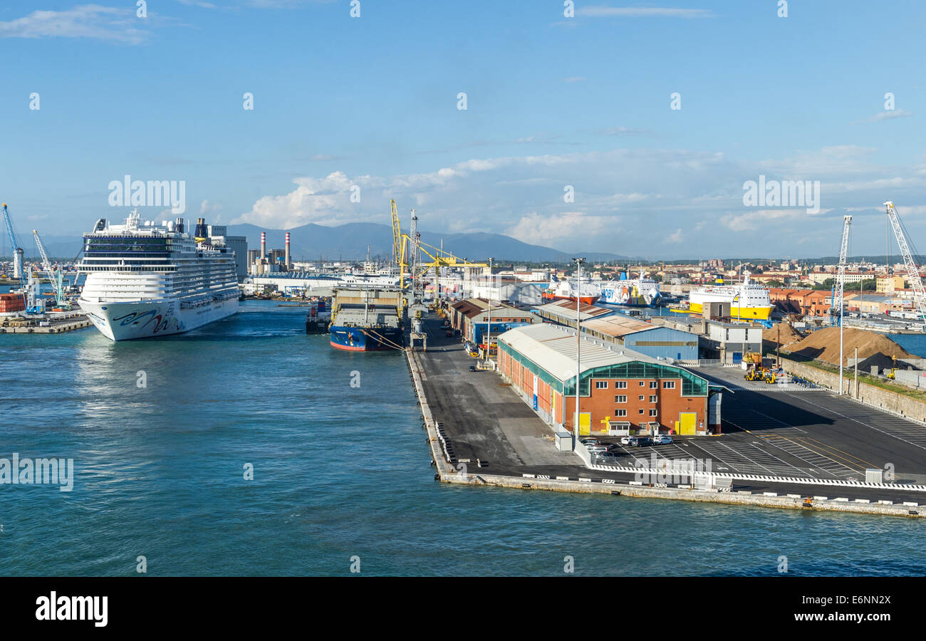The Norwegian epic cruise ship preparing to leave Livorno harbour in Italy. Stock Photo