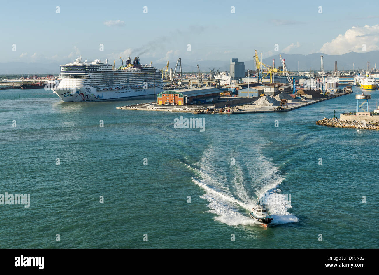 The Norwegian epic cruise ship preparing to leave Livorno harbour in Italy. Stock Photo